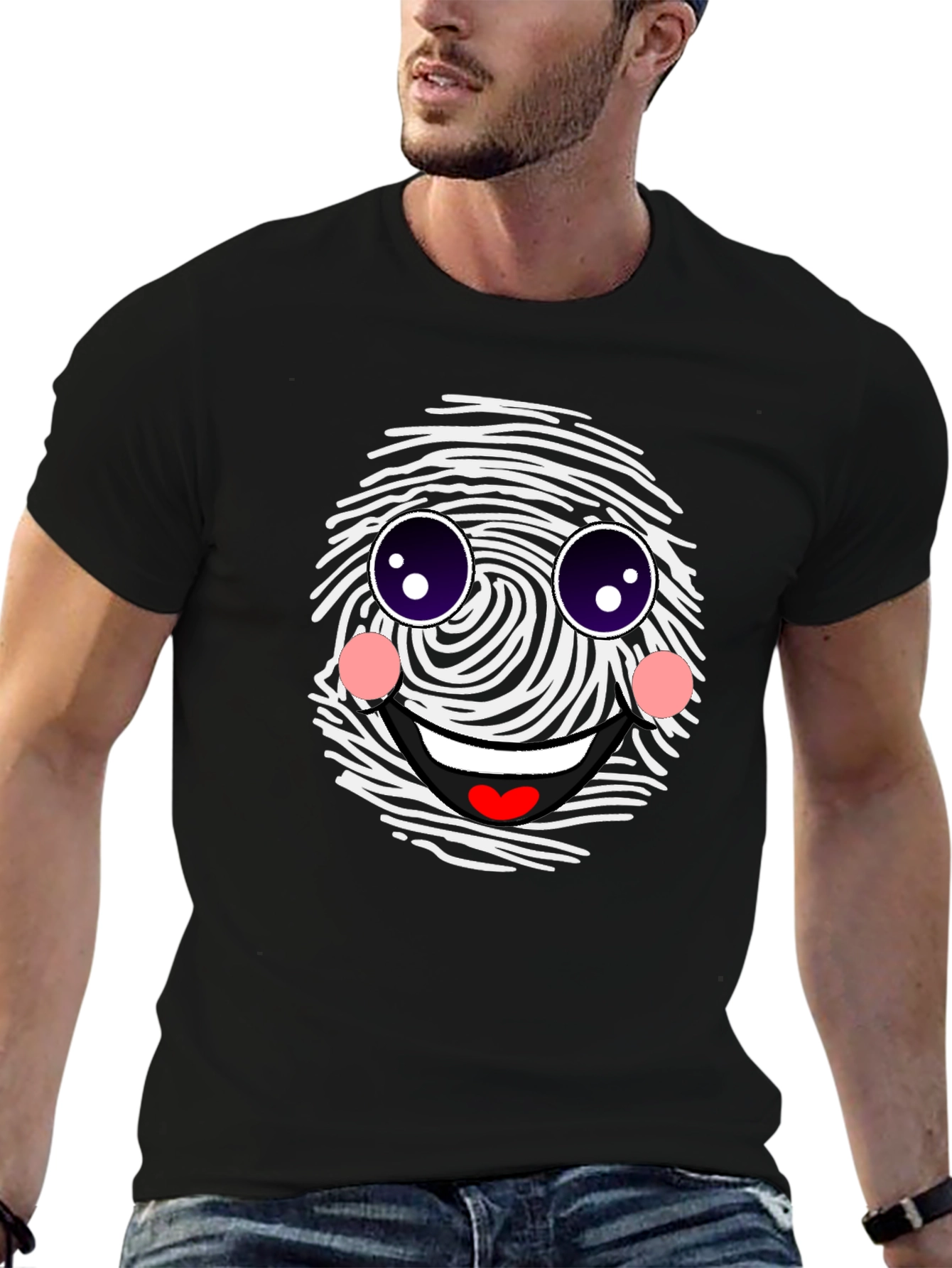 Black Funny Fingerprint Face Graphic Tee - Black Casual Shirt view 6