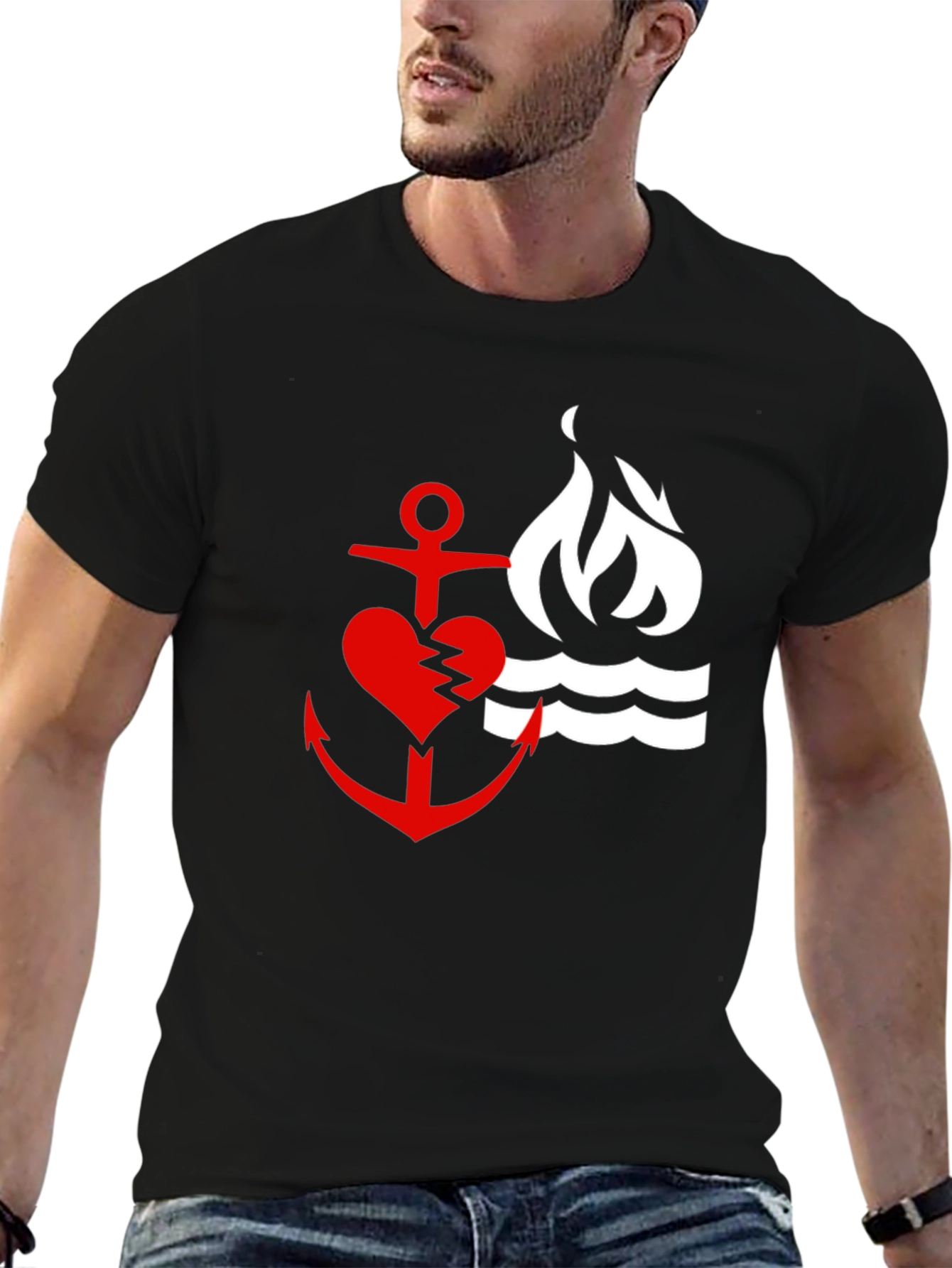 Black Red Heart Anchor & Flame Black T-Shirt view 6
