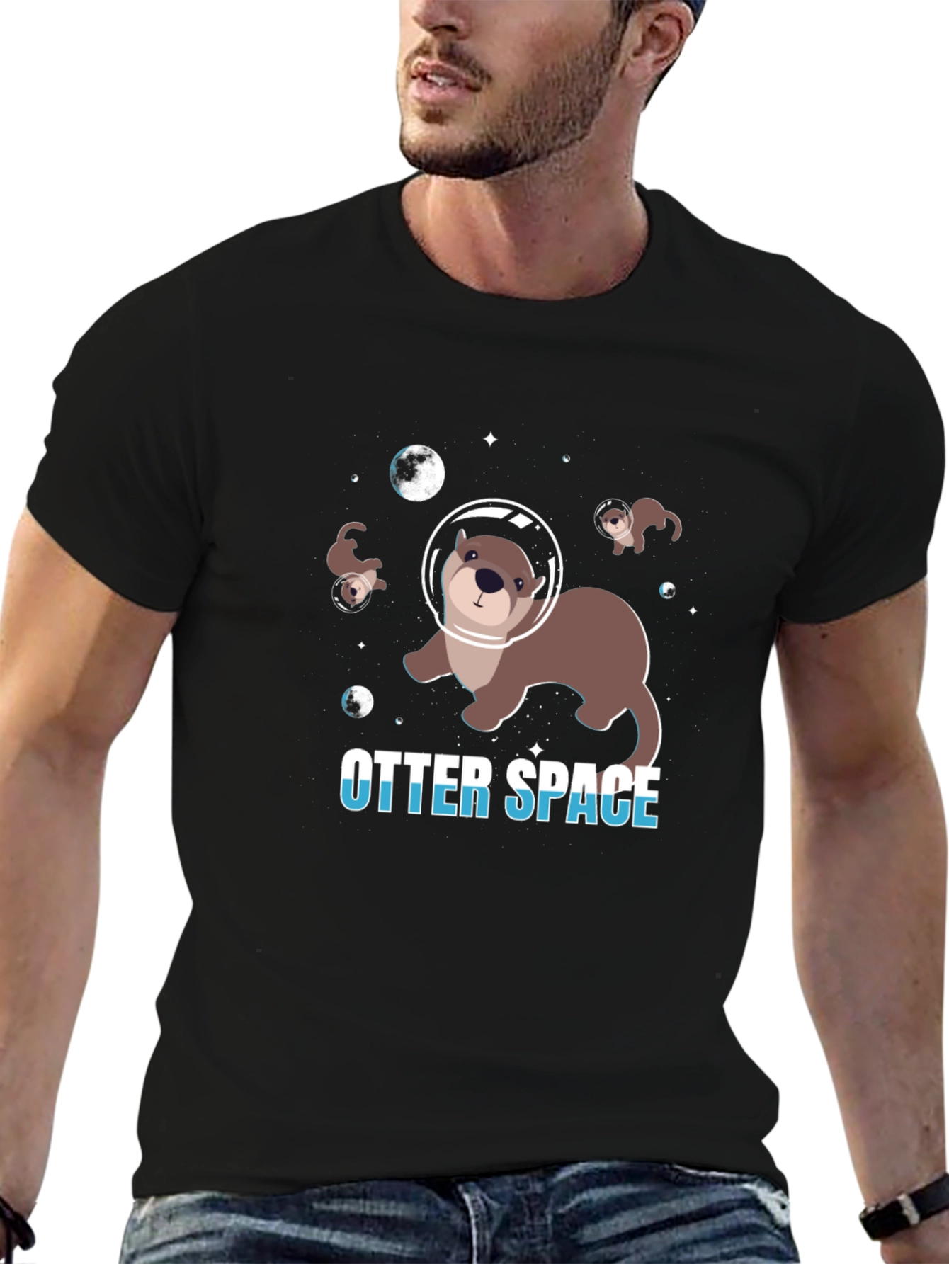 Black Otter Space T-Shirt, Galaxy Design view 6