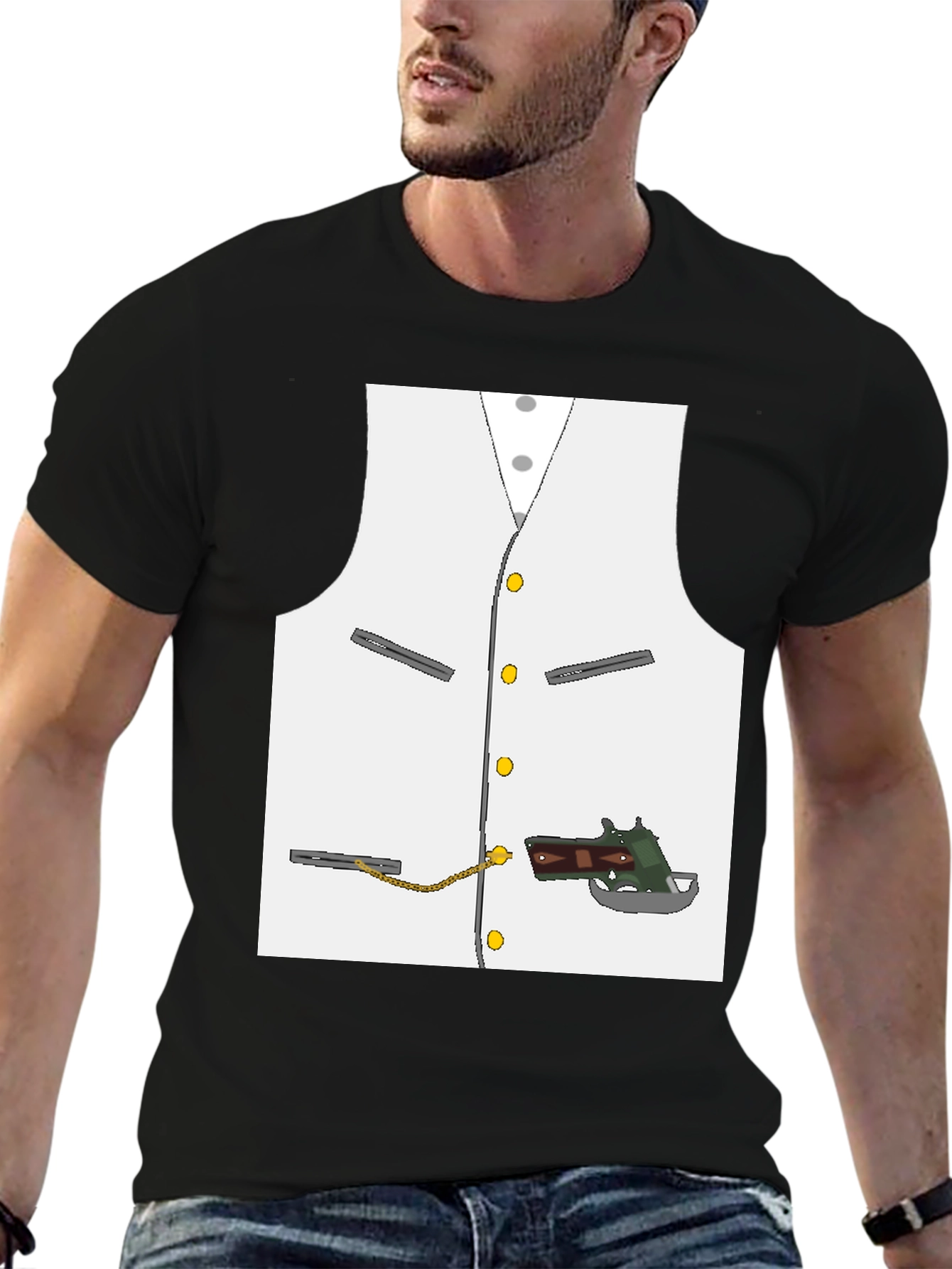 Black Novelty Vest & Gun Graphic T-Shirt view 6