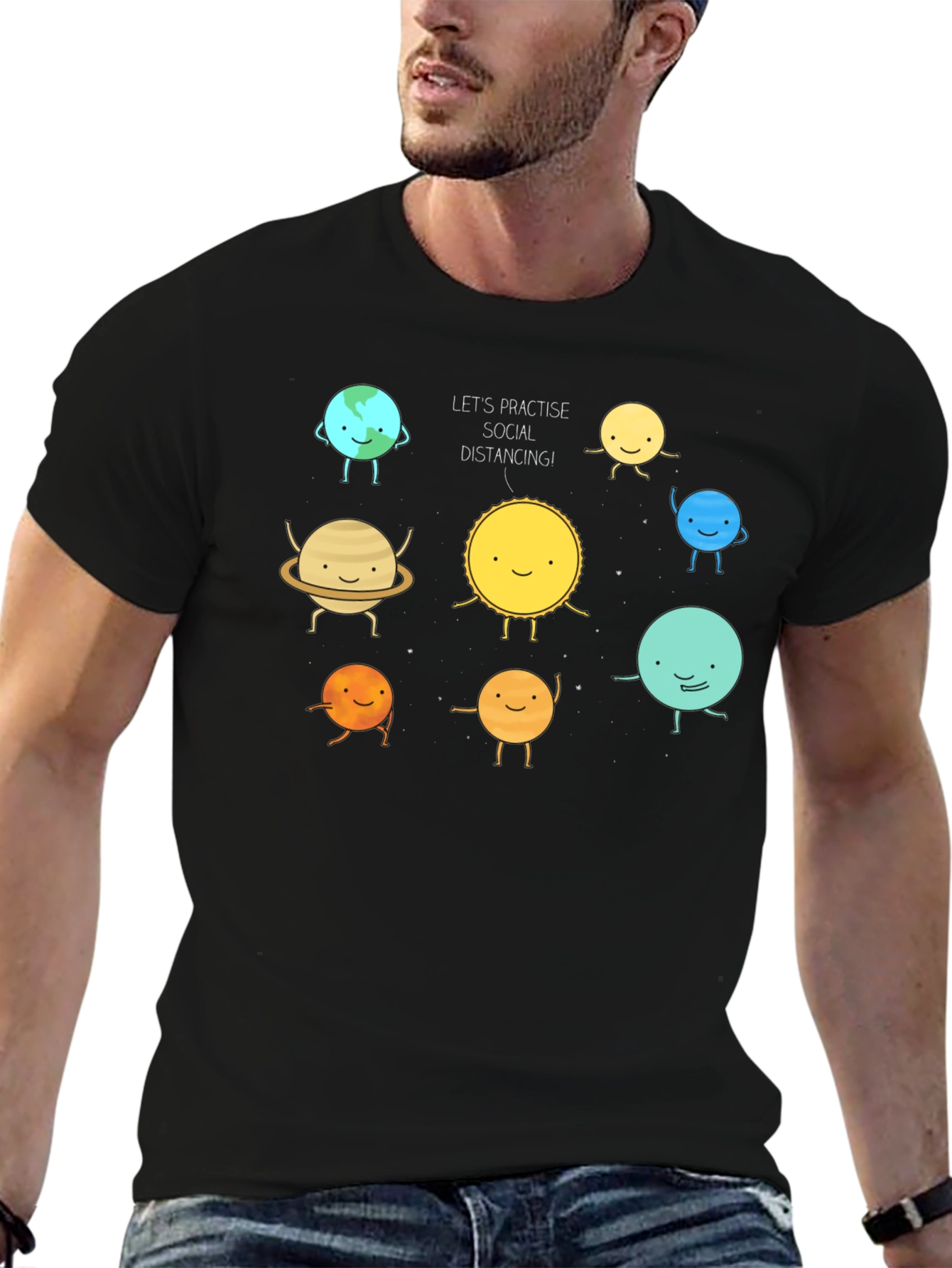 Black Social Distancing Planets Graphic Black T-Shirt view 6