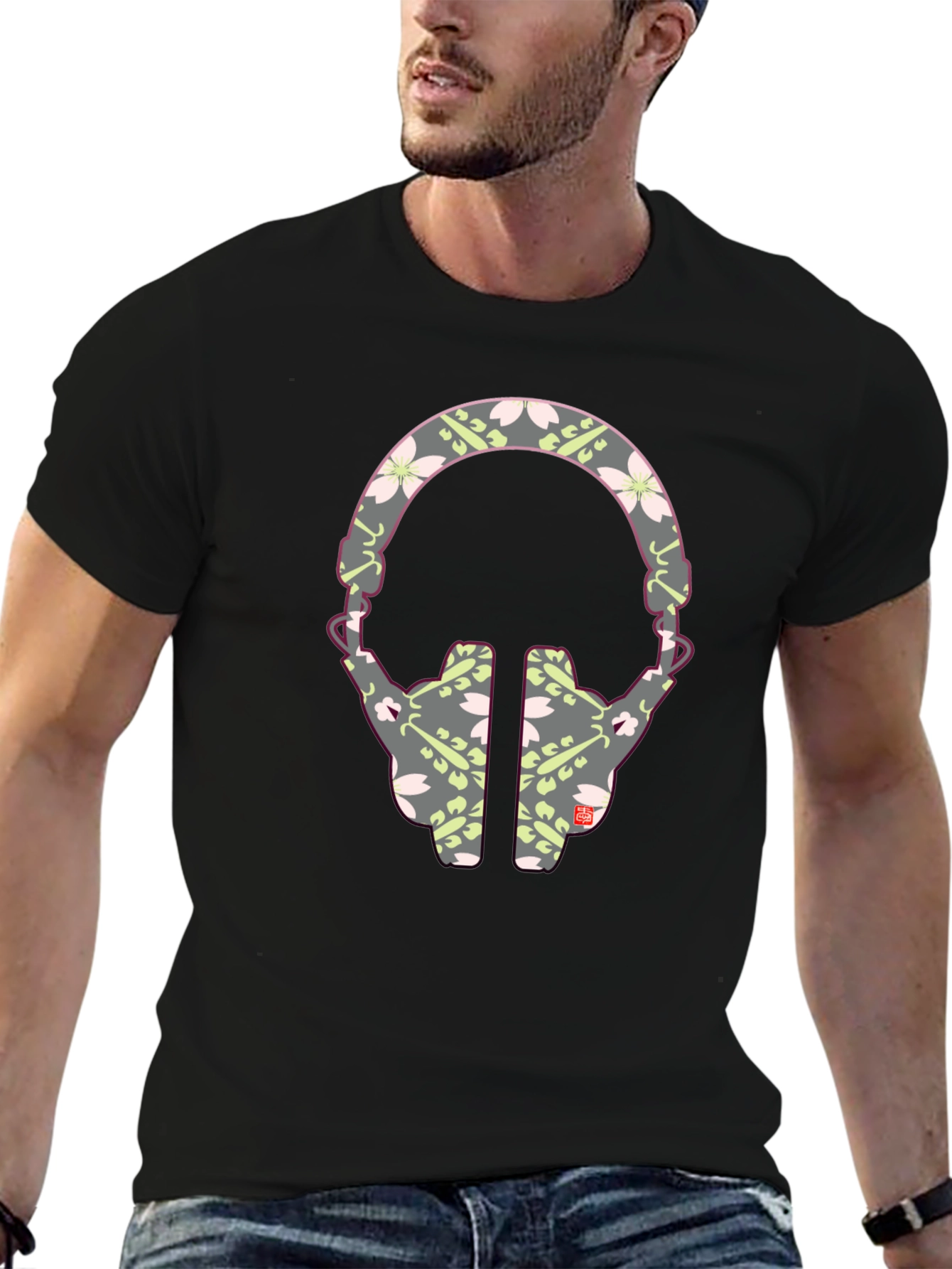 Black Stylish Headphone Pattern T-Shirt - Unique Graphic Tee view 6