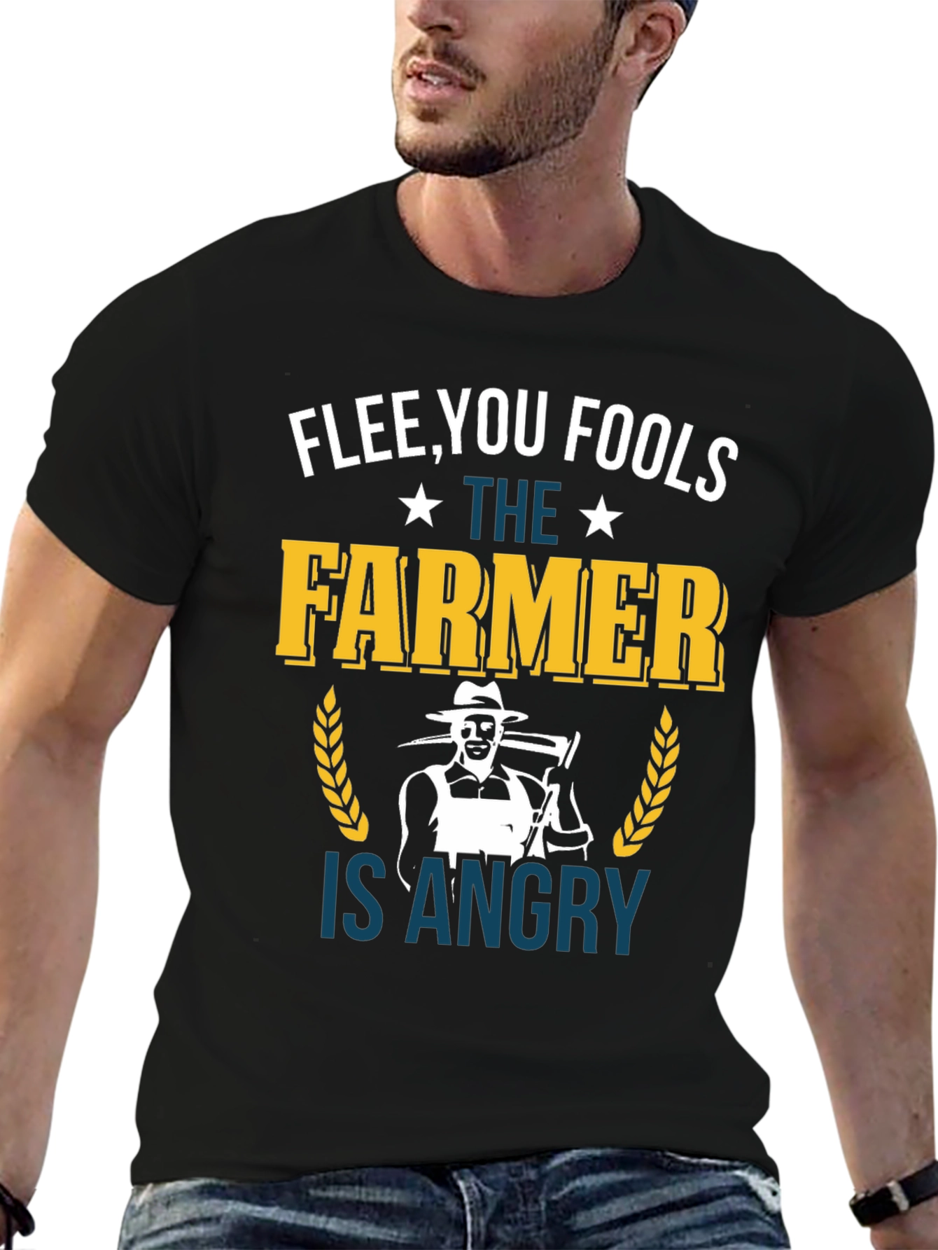 Black Flee You Fools Angry Farmer T-Shirt view 6