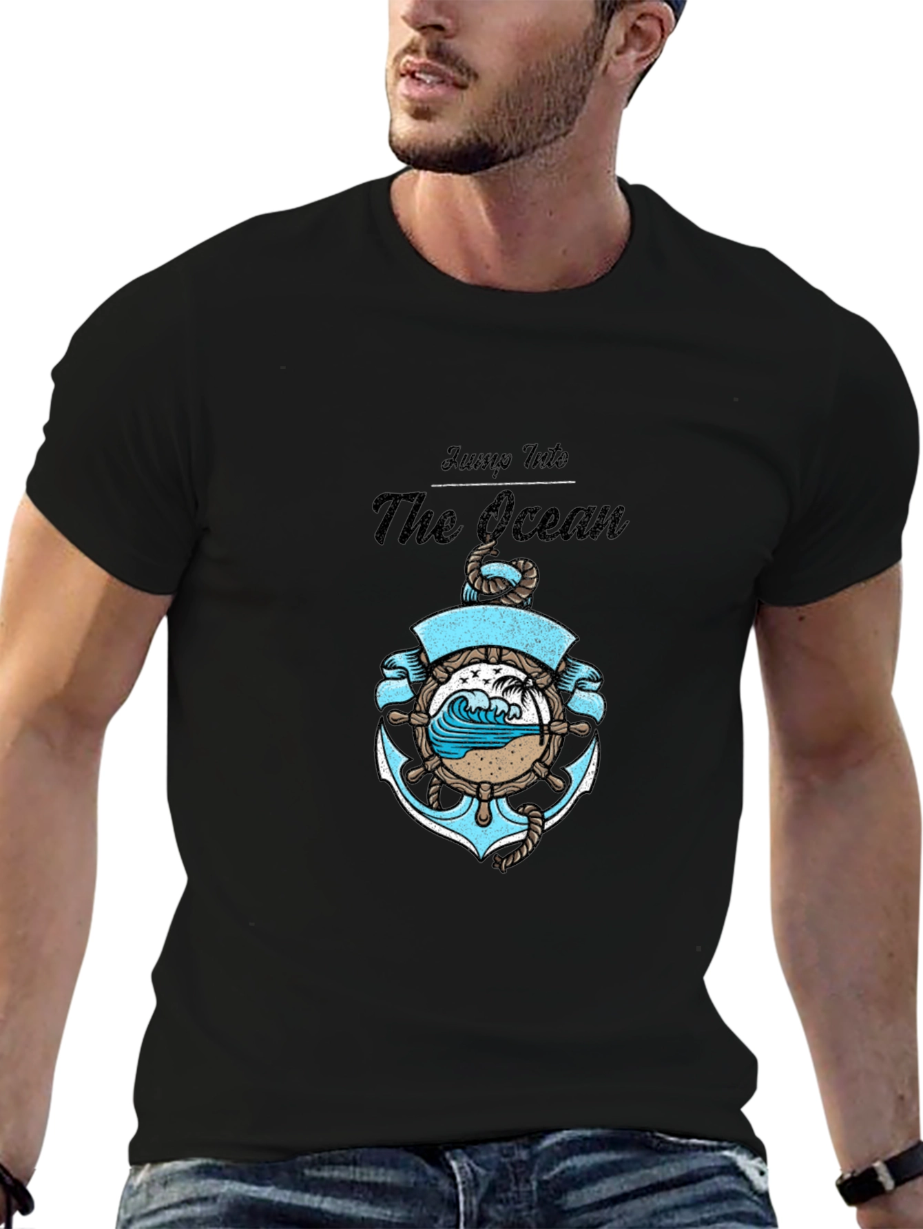 Black Jump Into the Ocean Black Graphic T-Shirt view 6