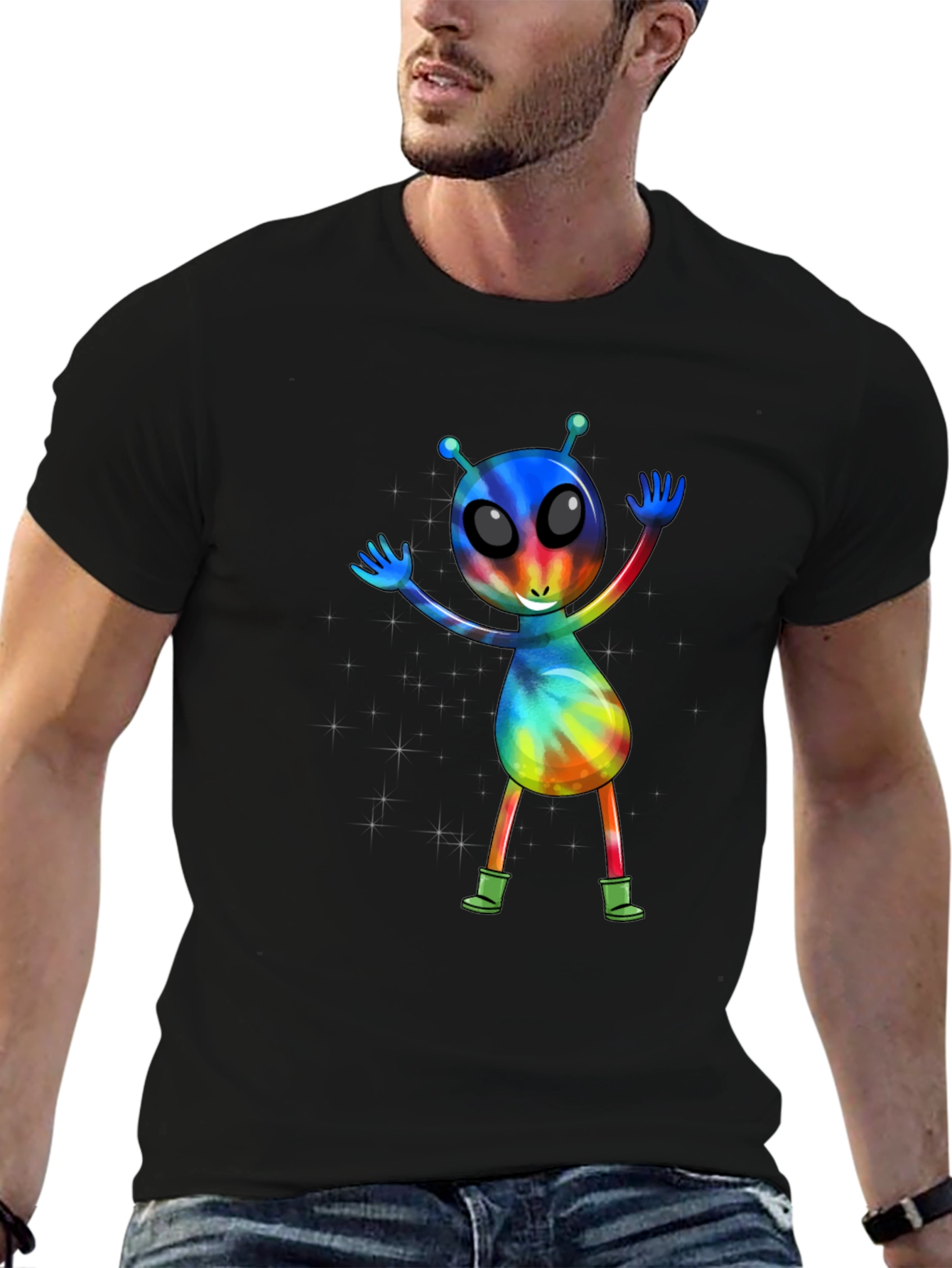 Black Tie-Dye Alien Graphic T-Shirt view 6