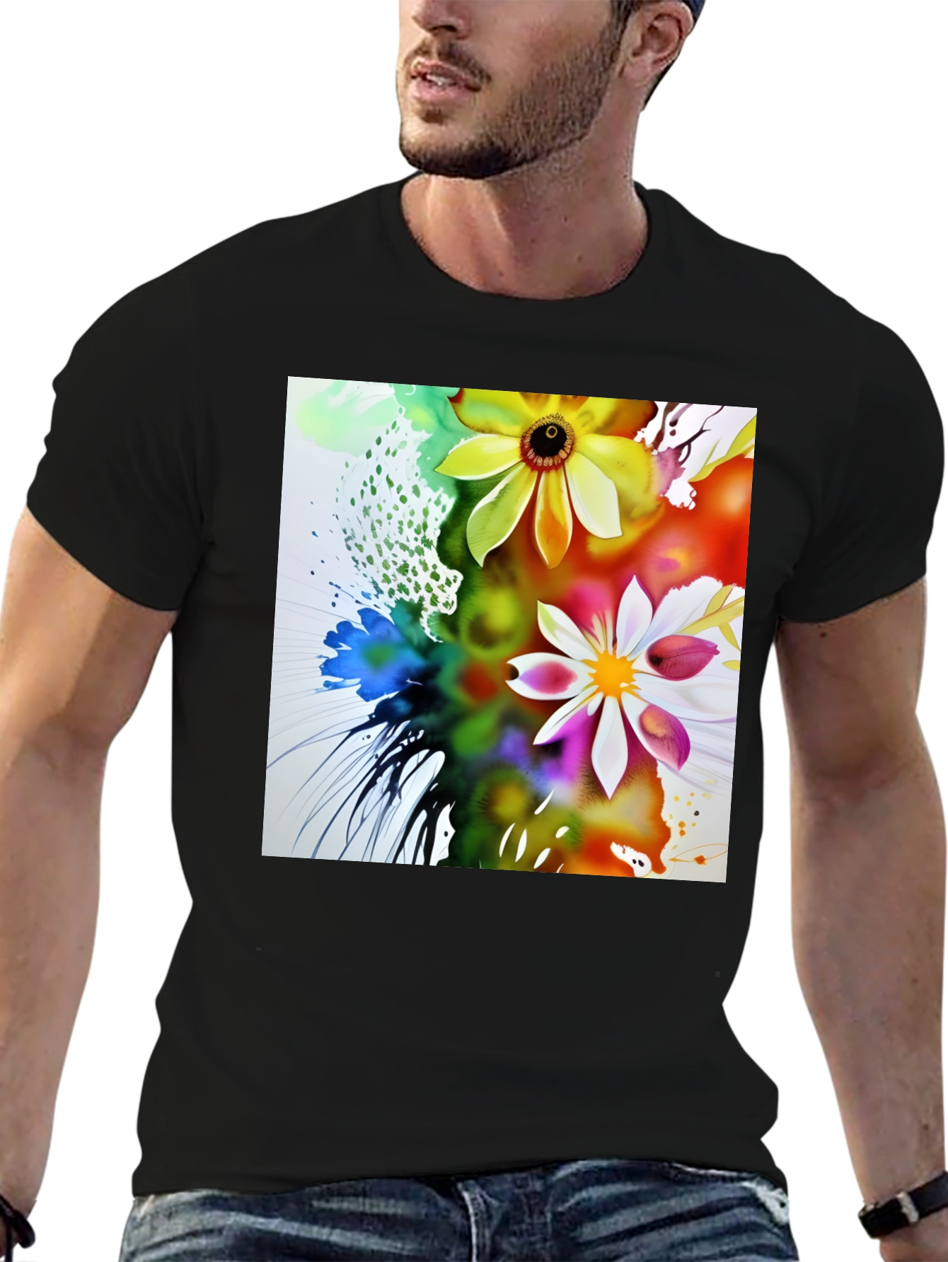 Black Floral Art Black T-Shirt view 6