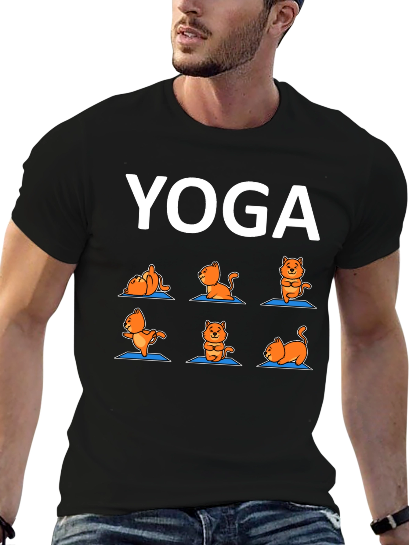 Black Yoga Cat T-Shirt: Funny Cartoon Tee view 6