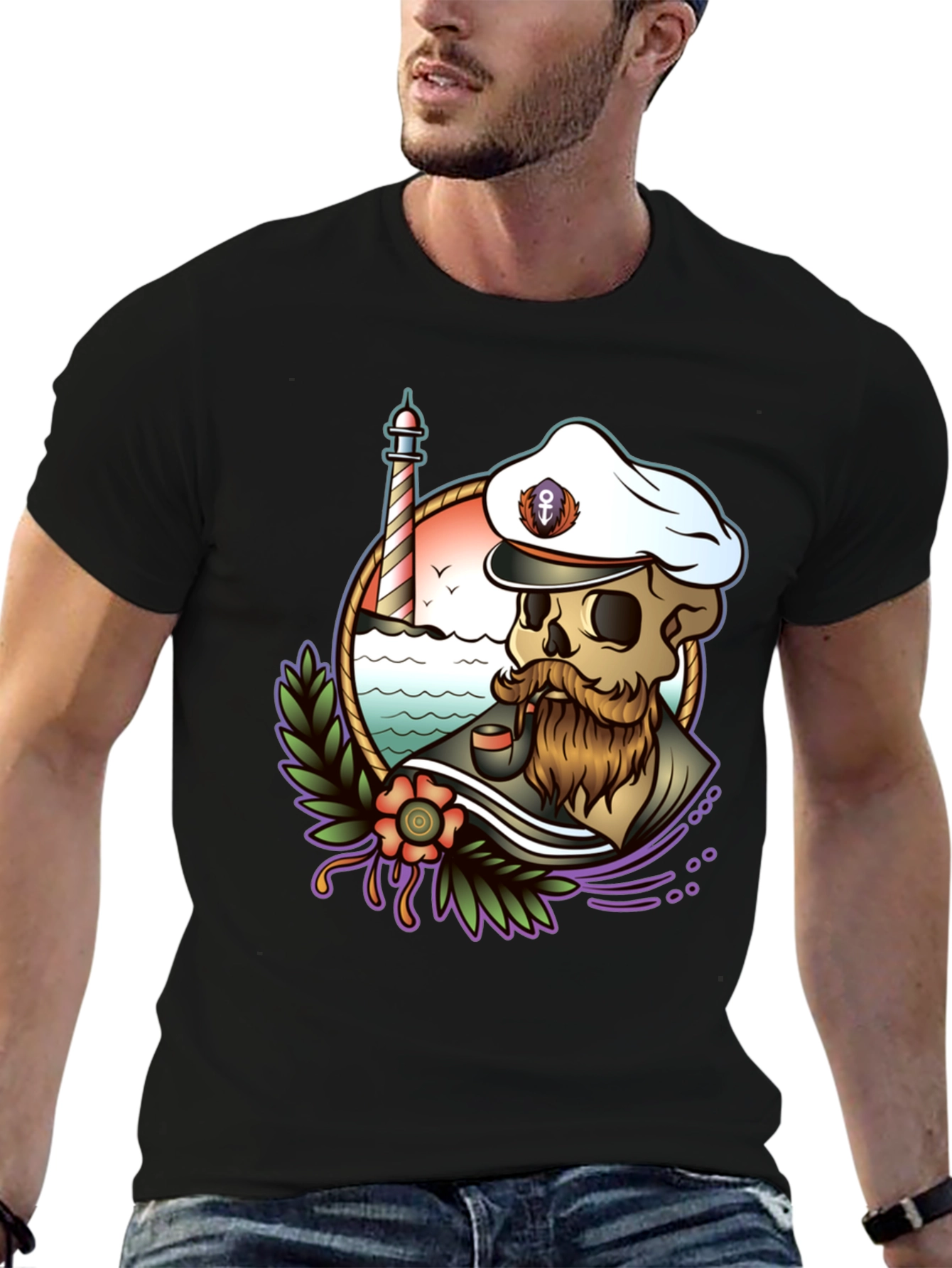 Black Nautical Skull T-Shirt - Captain Skeleton Tee view 6