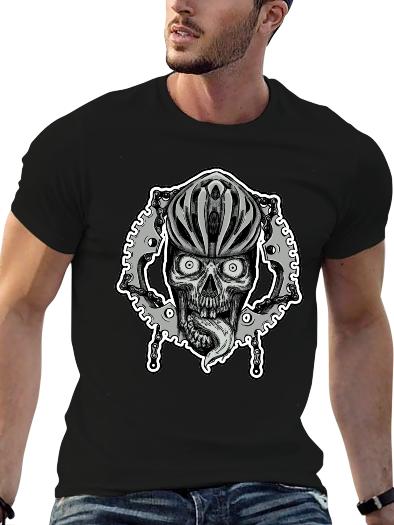 Black Biker Skull Graphic Tee - Black Cotton Blend view 6