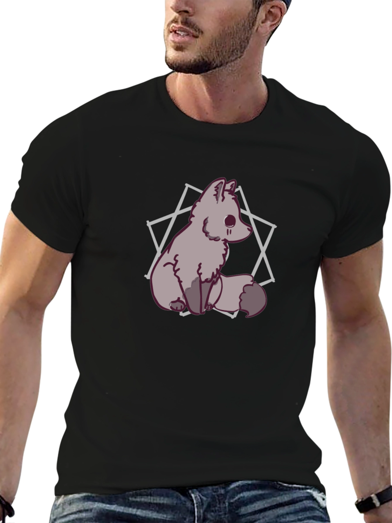 Black Cute Fox Graphic T-Shirt - Men's Black Tee view 6