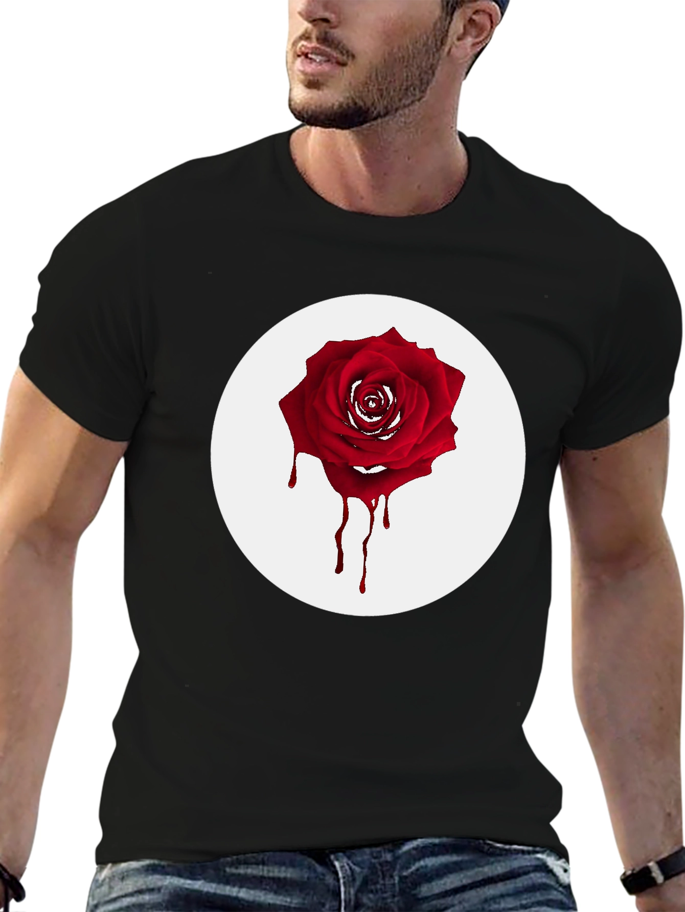 Black Men's Black T-Shirt with Bleeding Rose Graphic view 6