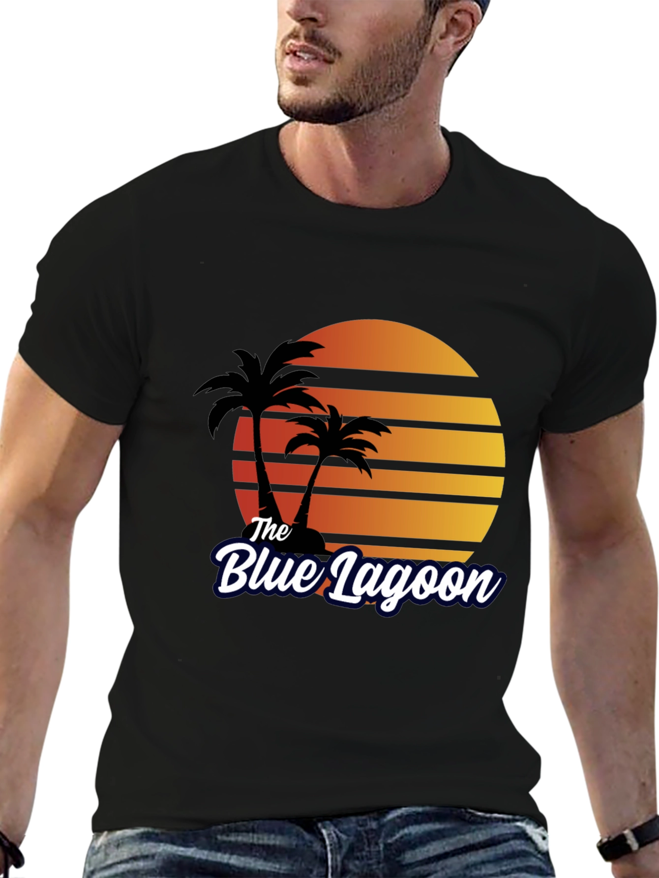 Black The Blue Lagoon Retro T-Shirt - Palm Tree Sunset Tee view 6