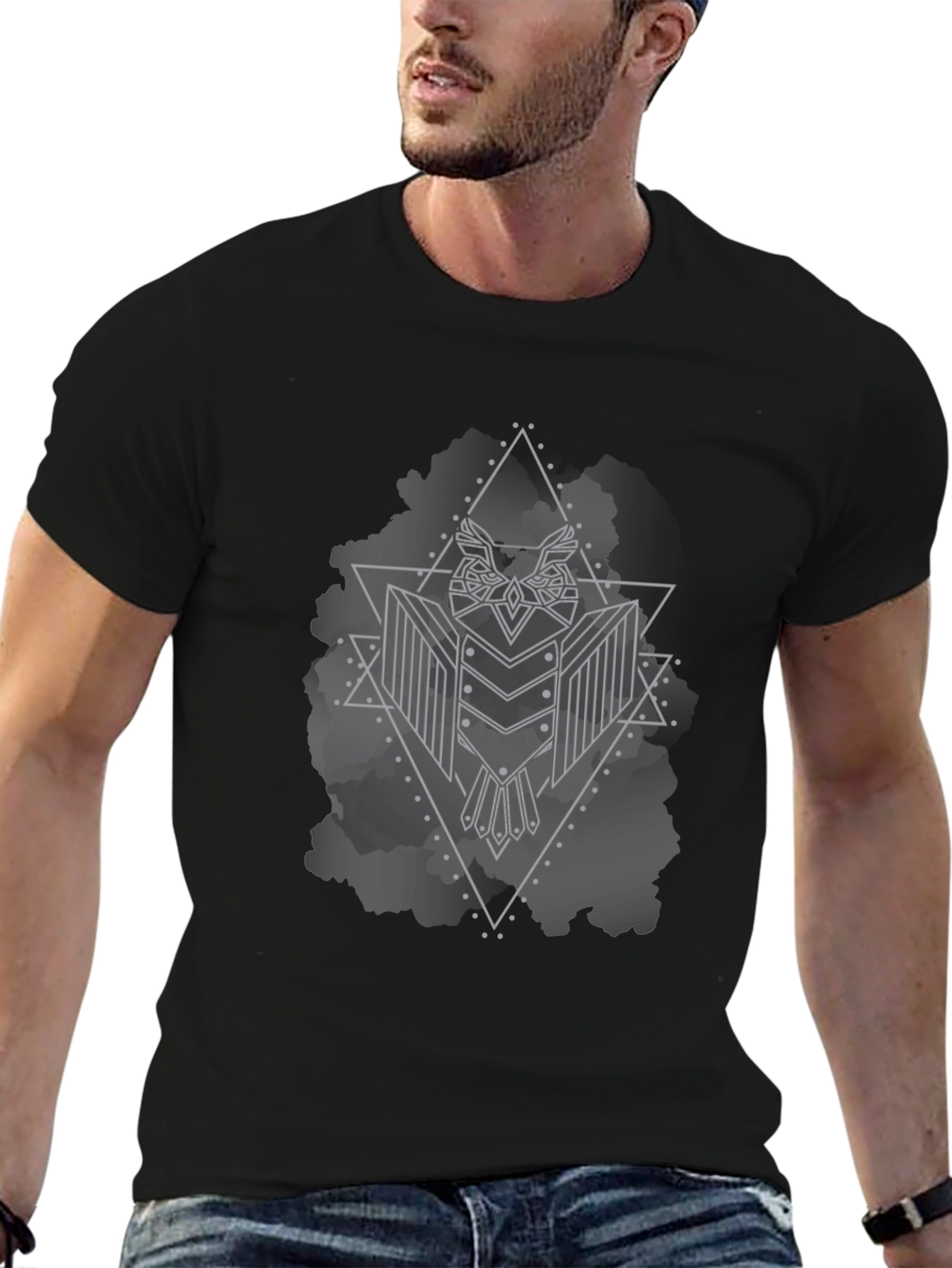 Black Geometric Owl Graphic Black T-Shirt view 6