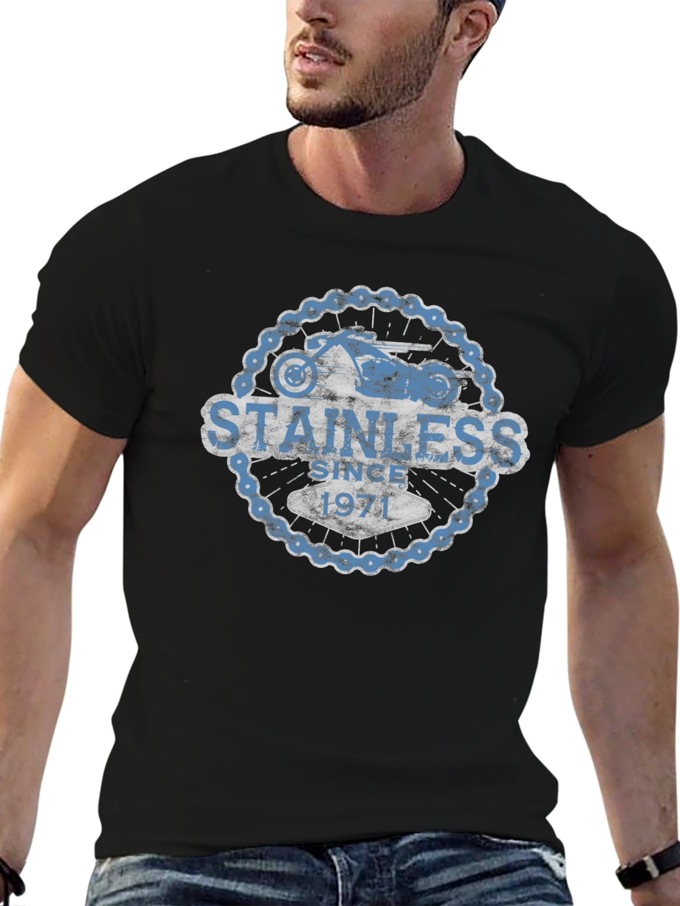 Black Stainless Since 1971 Motorcycle Graphic T-Shirt view 6