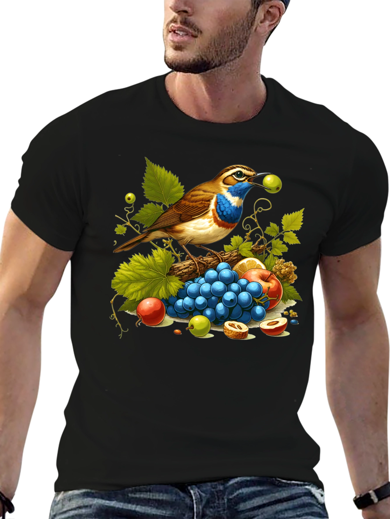 Black Bird and Fruit Graphic T-Shirt - Unisex Black Tee view 6