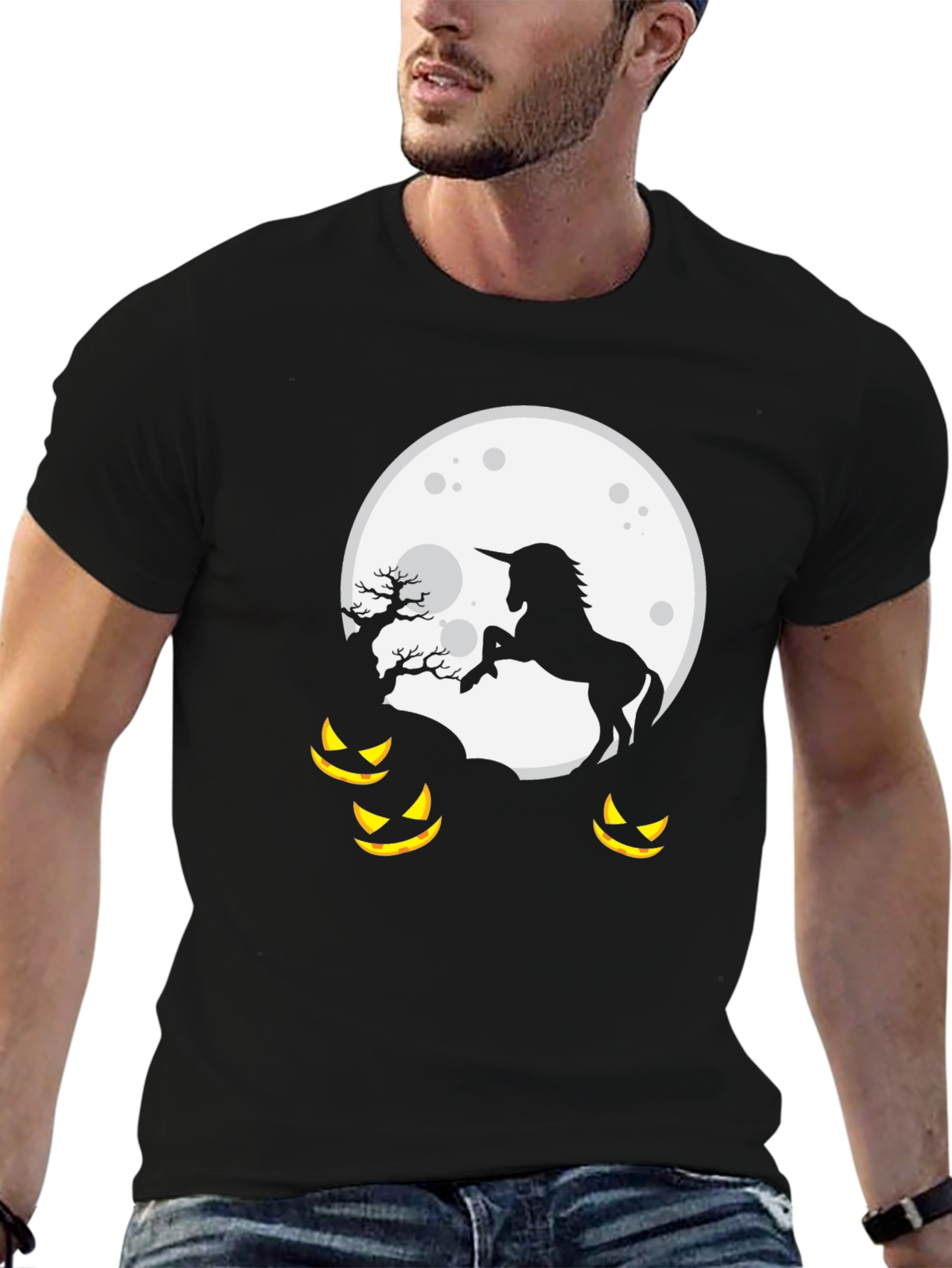 Black Unicorn Halloween Moon T-Shirt view 6
