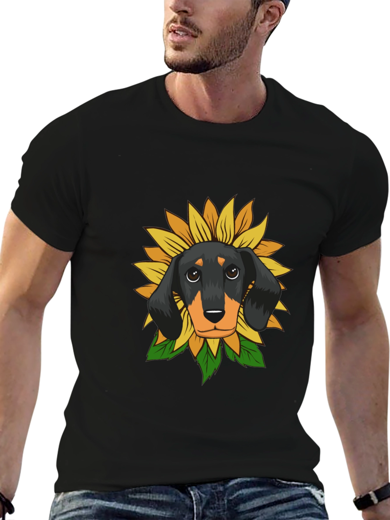 Black Dachshund Sunflower Graphic Tee - Black Cotton Comfort view 6