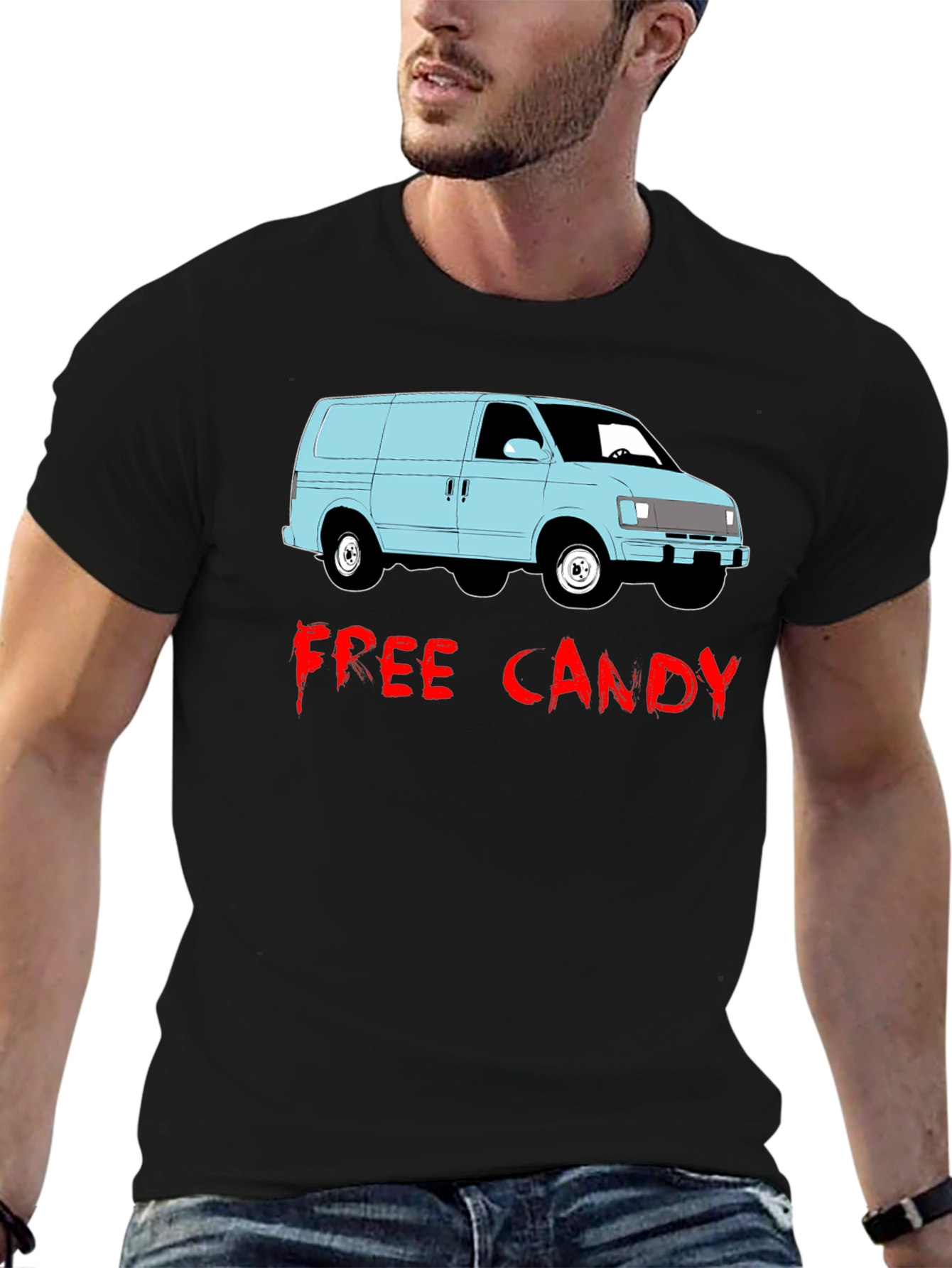 Black Free Candy Van T-Shirt - Funny Graphic Tee view 6