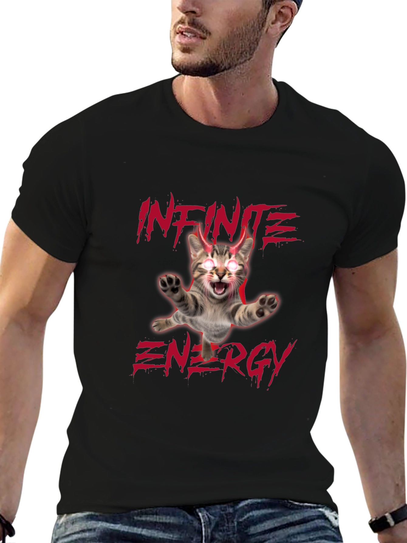 Black Infinite Energy Cat T-Shirt - Men's Black Tee view 6