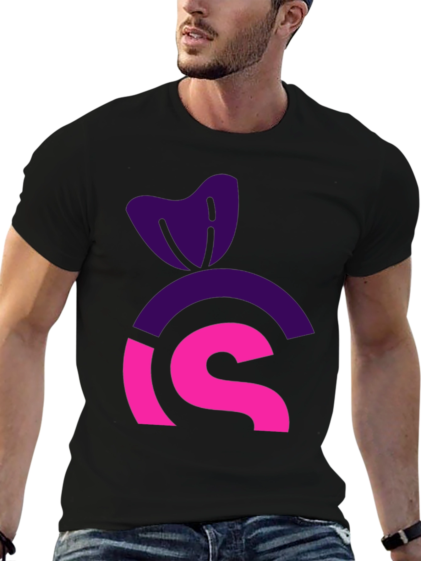 Black Modern Graphic Tee: Purple & Pink Icon Design view 6