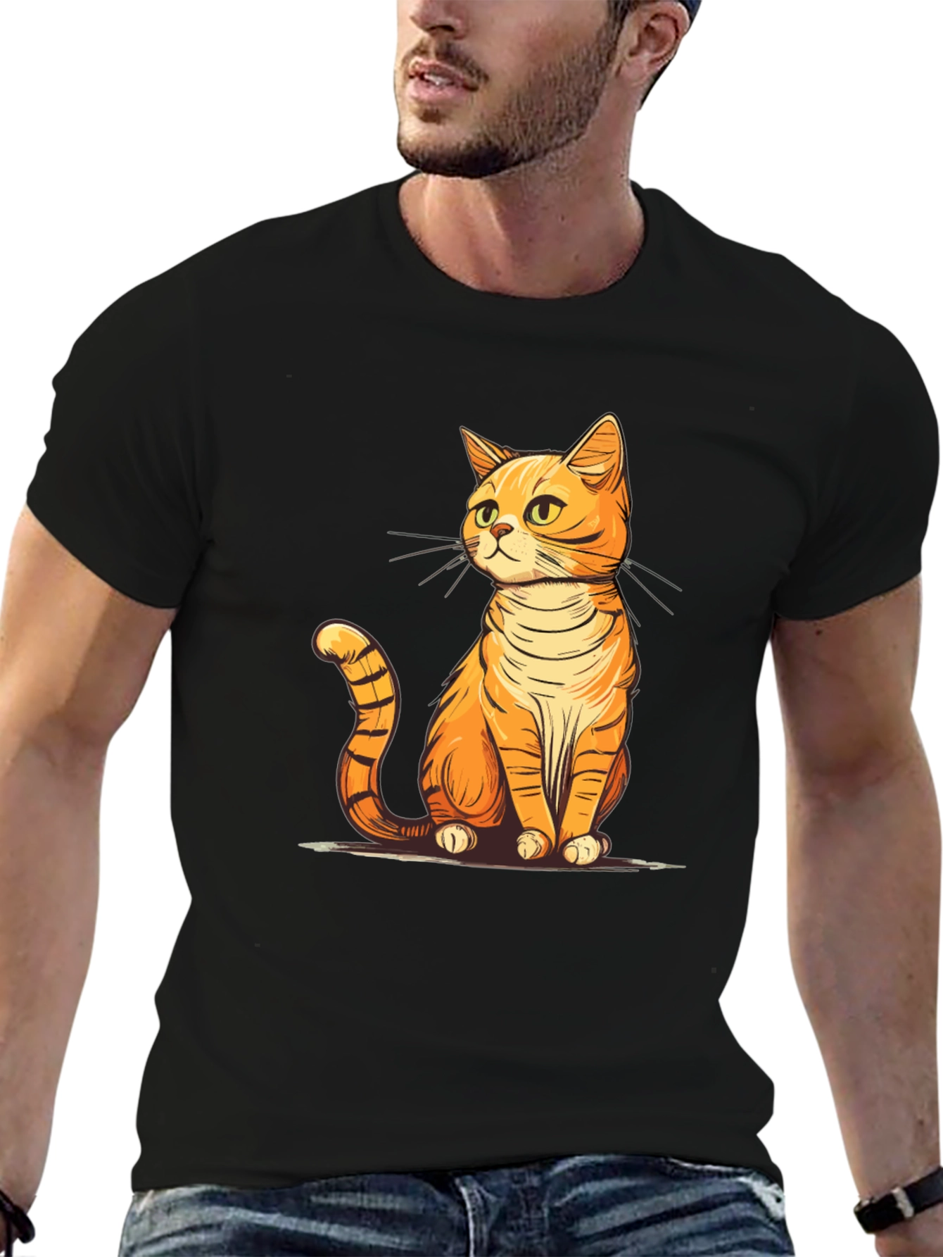 Black Cute Cartoon Cat T-Shirt - Unisex Black Tee view 6
