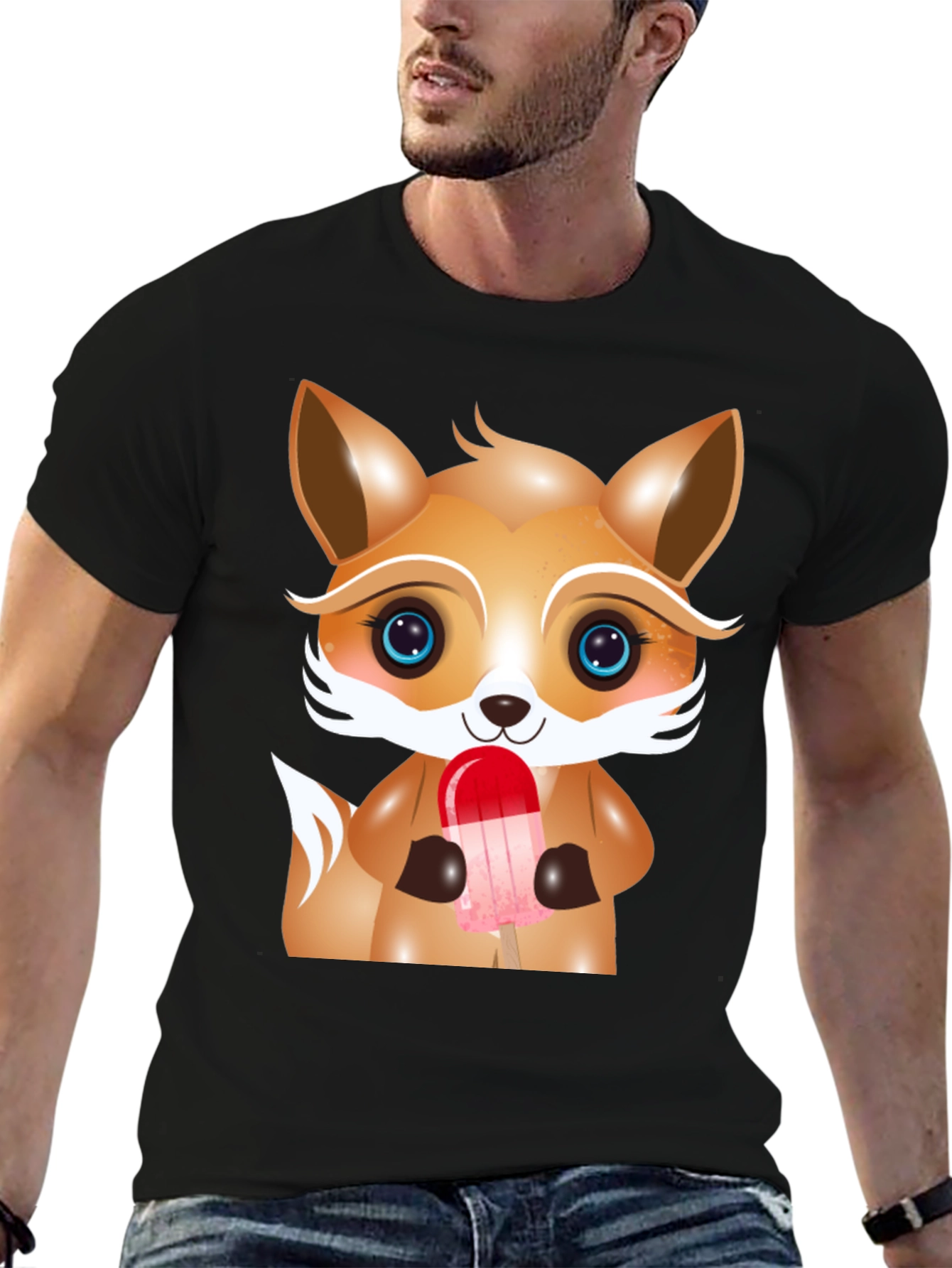 Black Cute Cartoon Fox Ice Cream Graphic Tee view 6