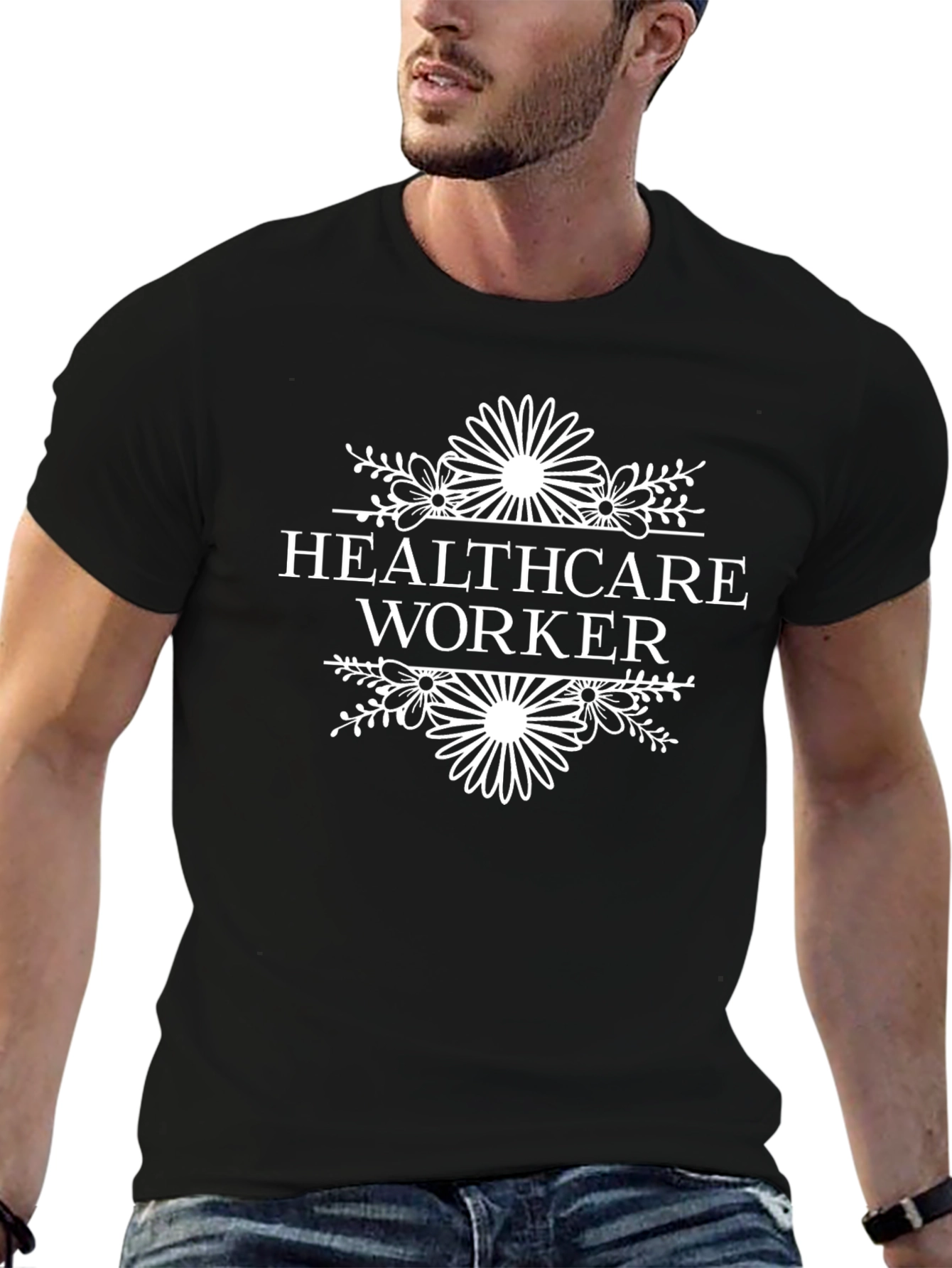 Black Healthcare Worker Floral Graphic Tee - Unisex Black T-Shirt view 6