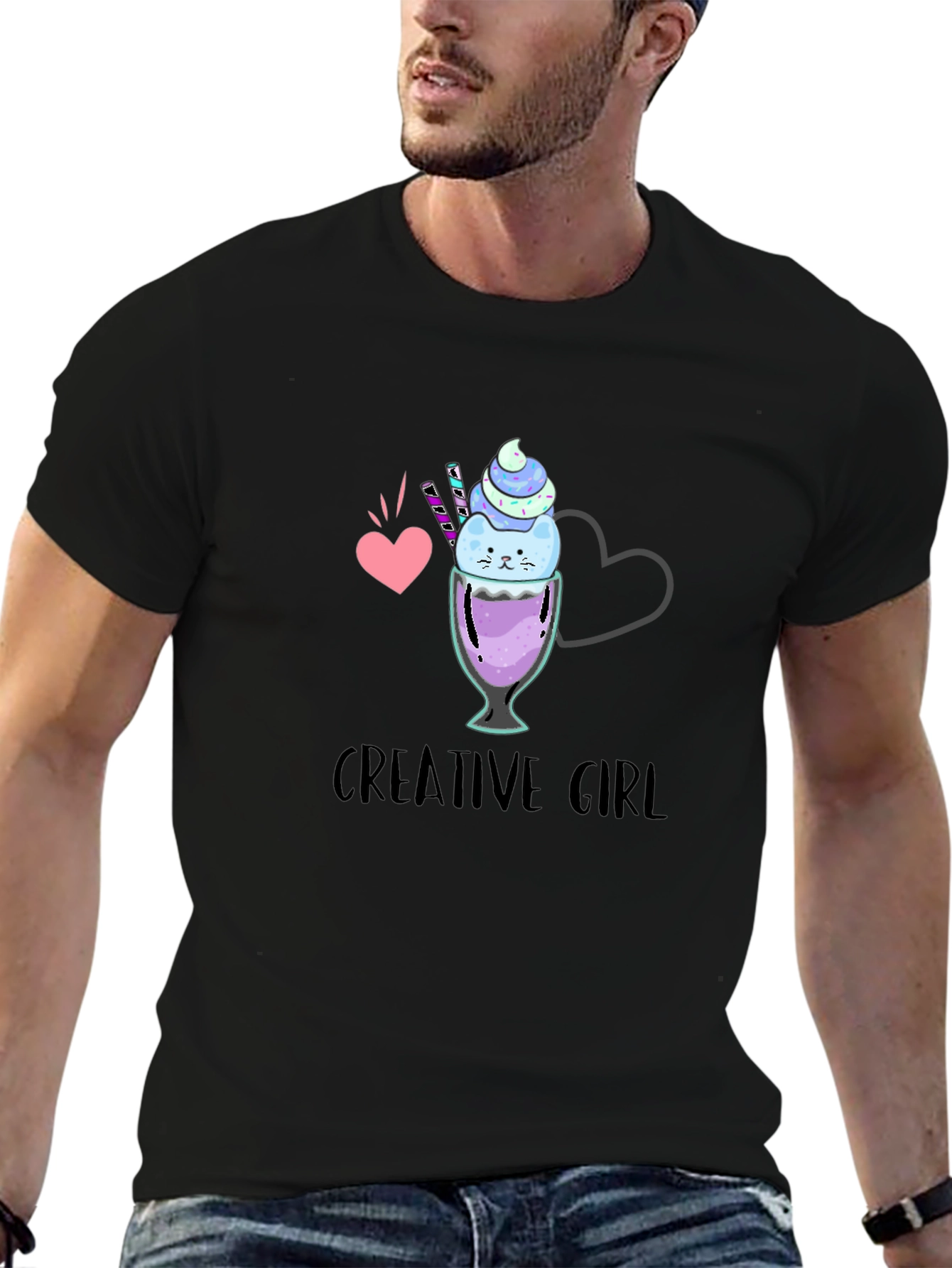 Black Creative Girl Ice Cream Cat Graphic Black T-Shirt view 6