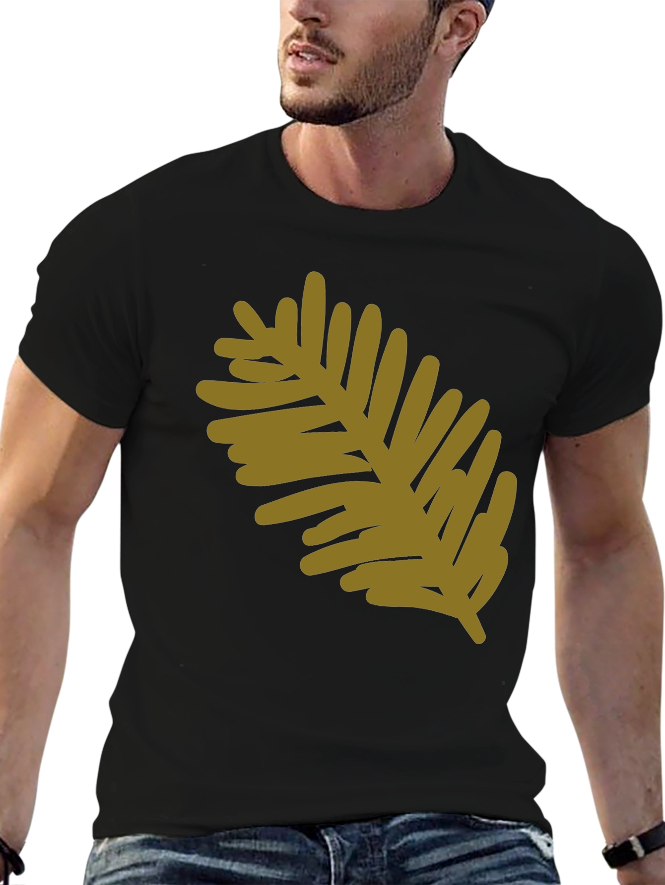 Black Modern Leaf Design Black Cotton T-Shirt view 6