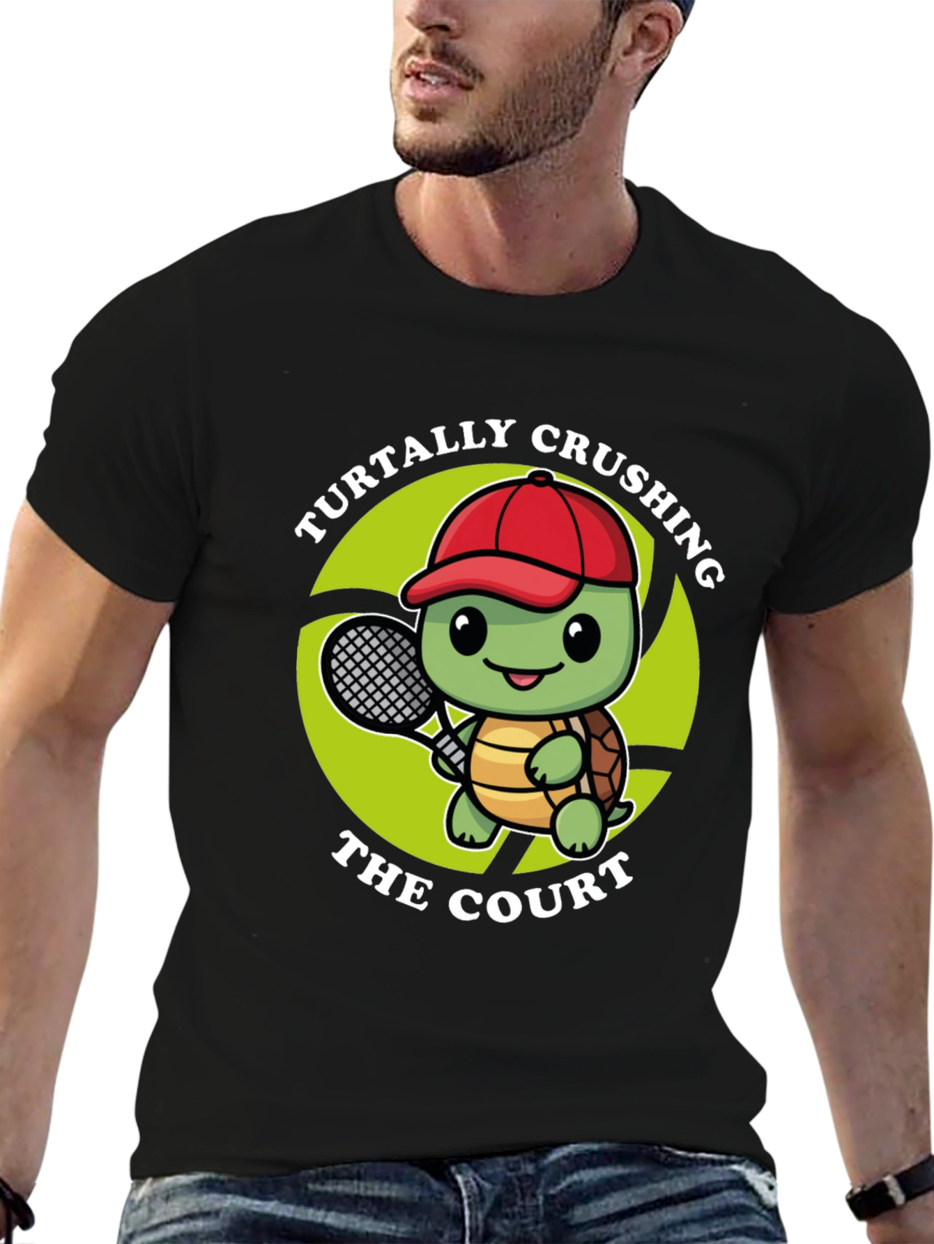 Black Turtally Crushing It! Tennis Turtle Graphic Tee view 6