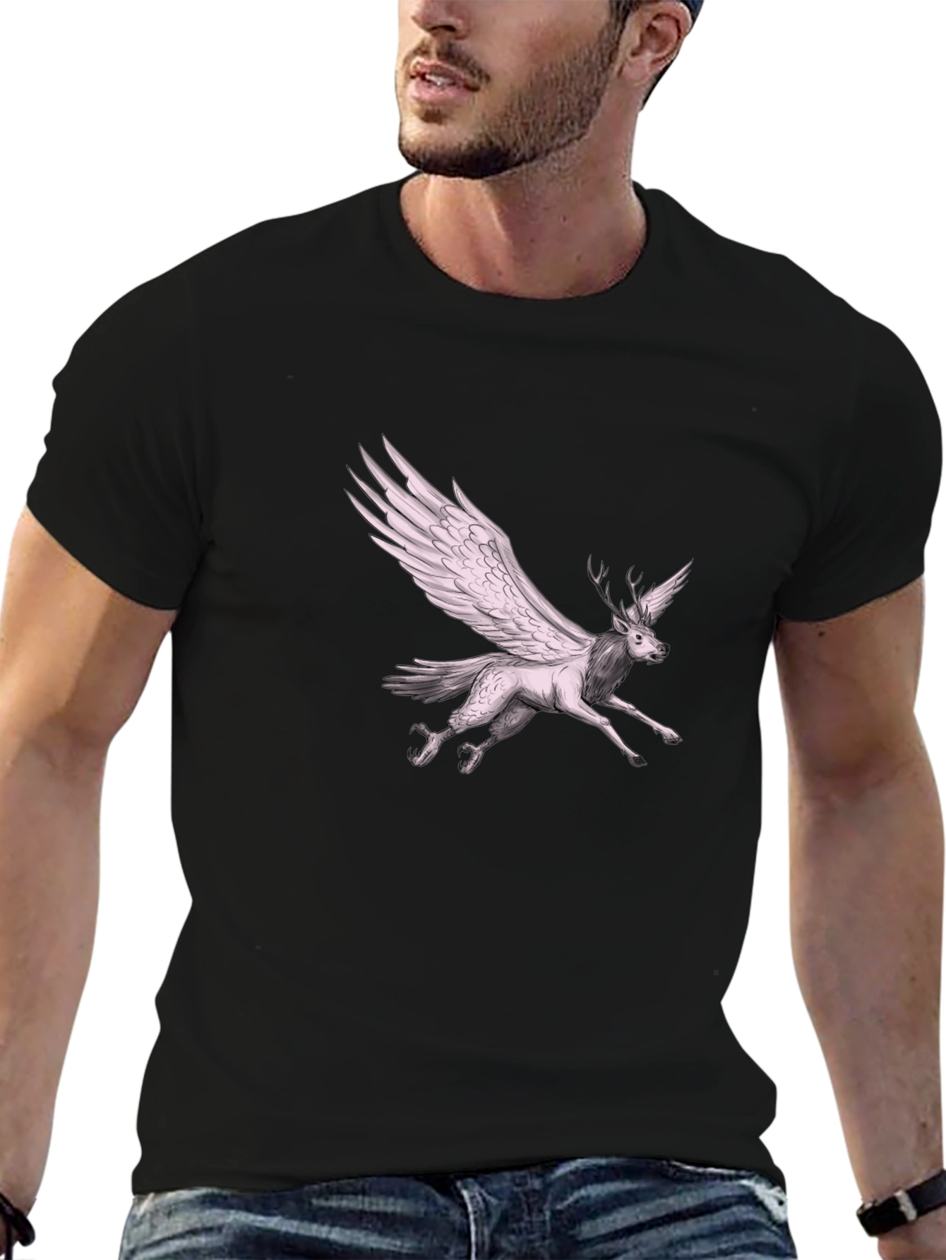 Black Winged Deer Graphic Tee - Unique Fantasy T-Shirt view 6