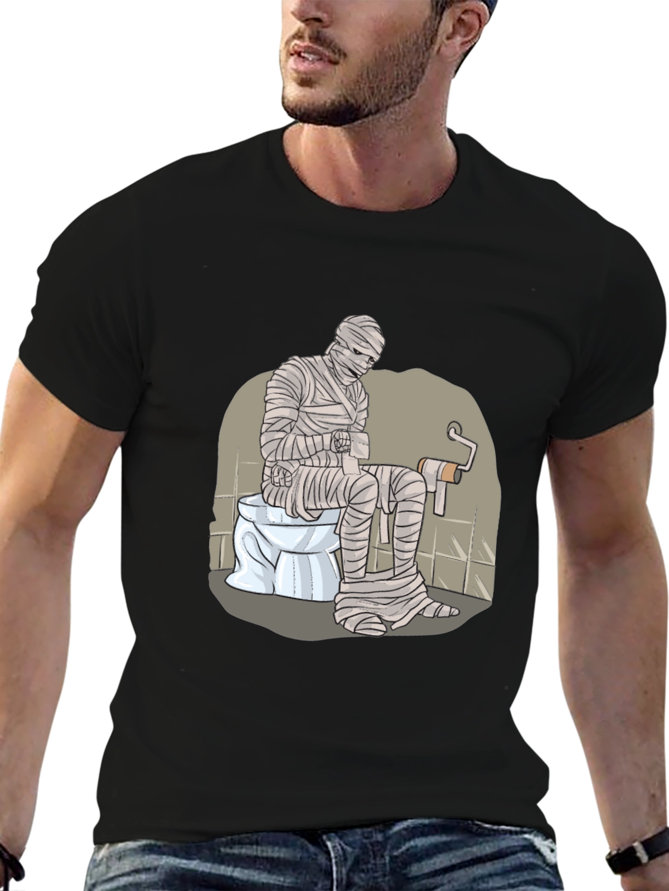 Black Mummy on Toilet Graphic Tee - Funny Halloween T-Shirt view 6