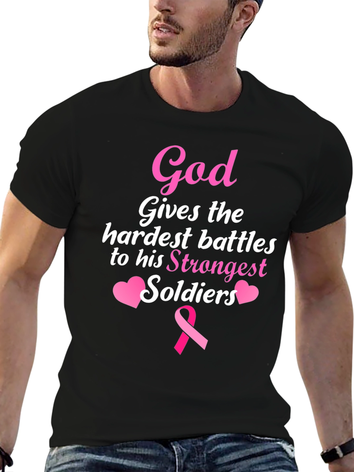 Black God Gives Battles T-Shirt - Strongest Soldiers - Pink Ribbon view 6