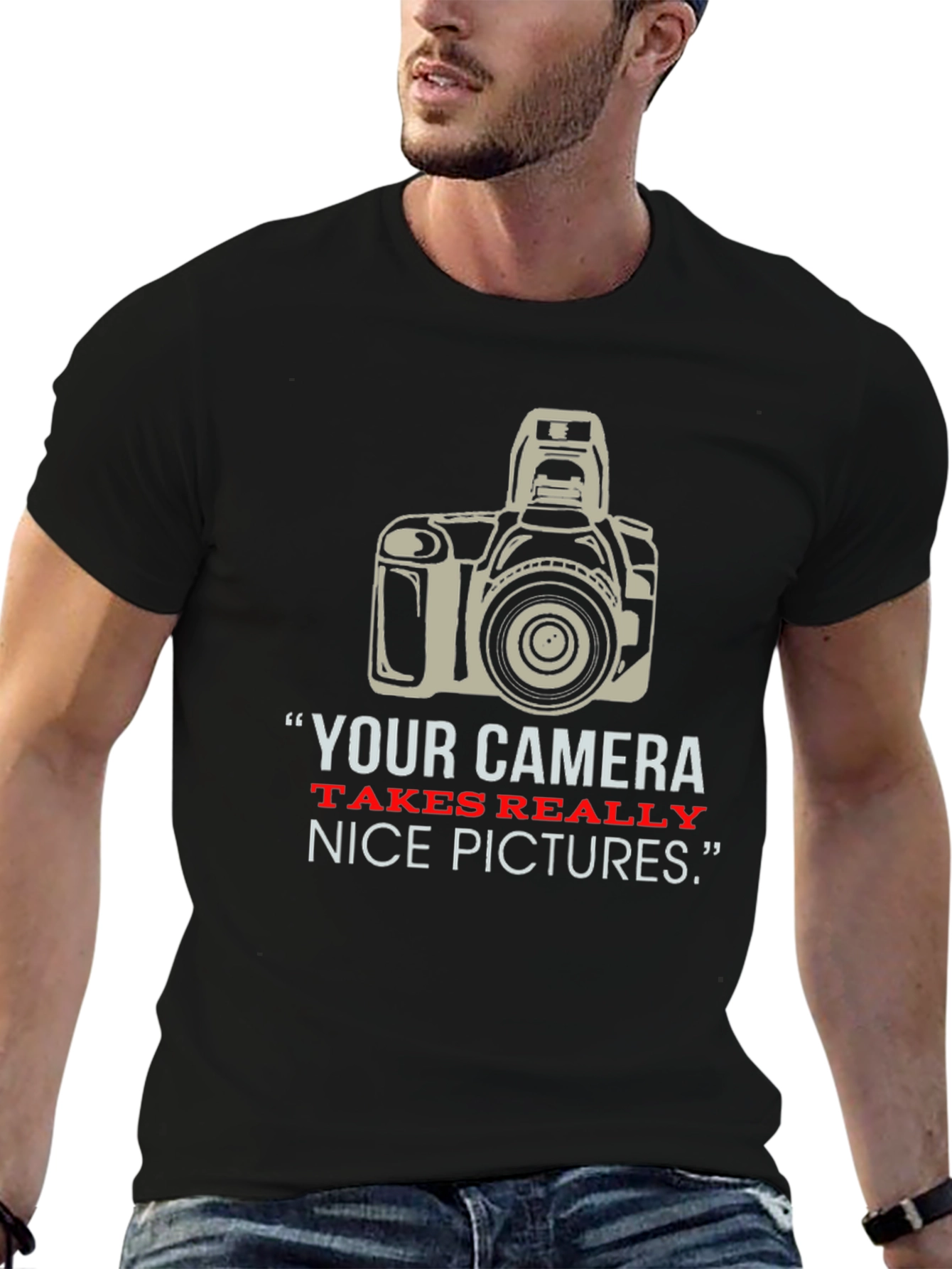 Black Funny Photographer T-Shirt, "Nice Pictures" view 6