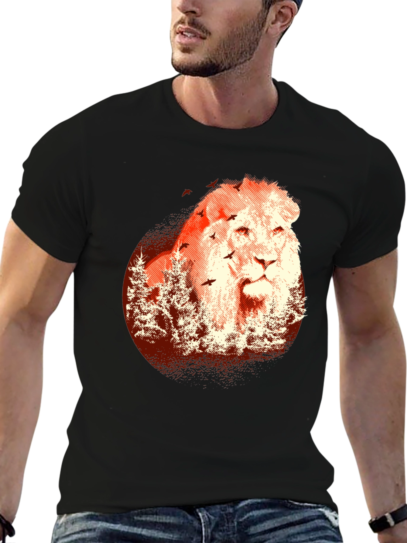 Black Lion & Trees Graphic Tee - Men's Black T-Shirt view 6