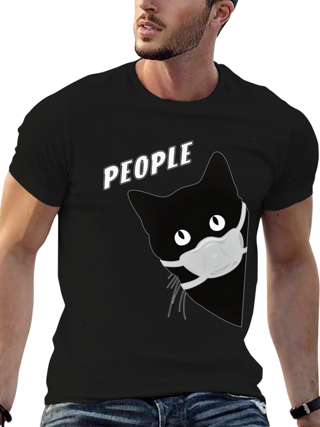 Black Cat with Mask Graphic T-Shirt - People view 6