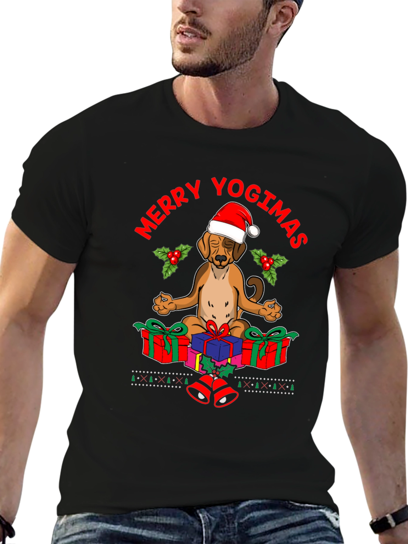 Black Merry Yogimas Dog T-Shirt - Holiday Yoga Gifts view 6