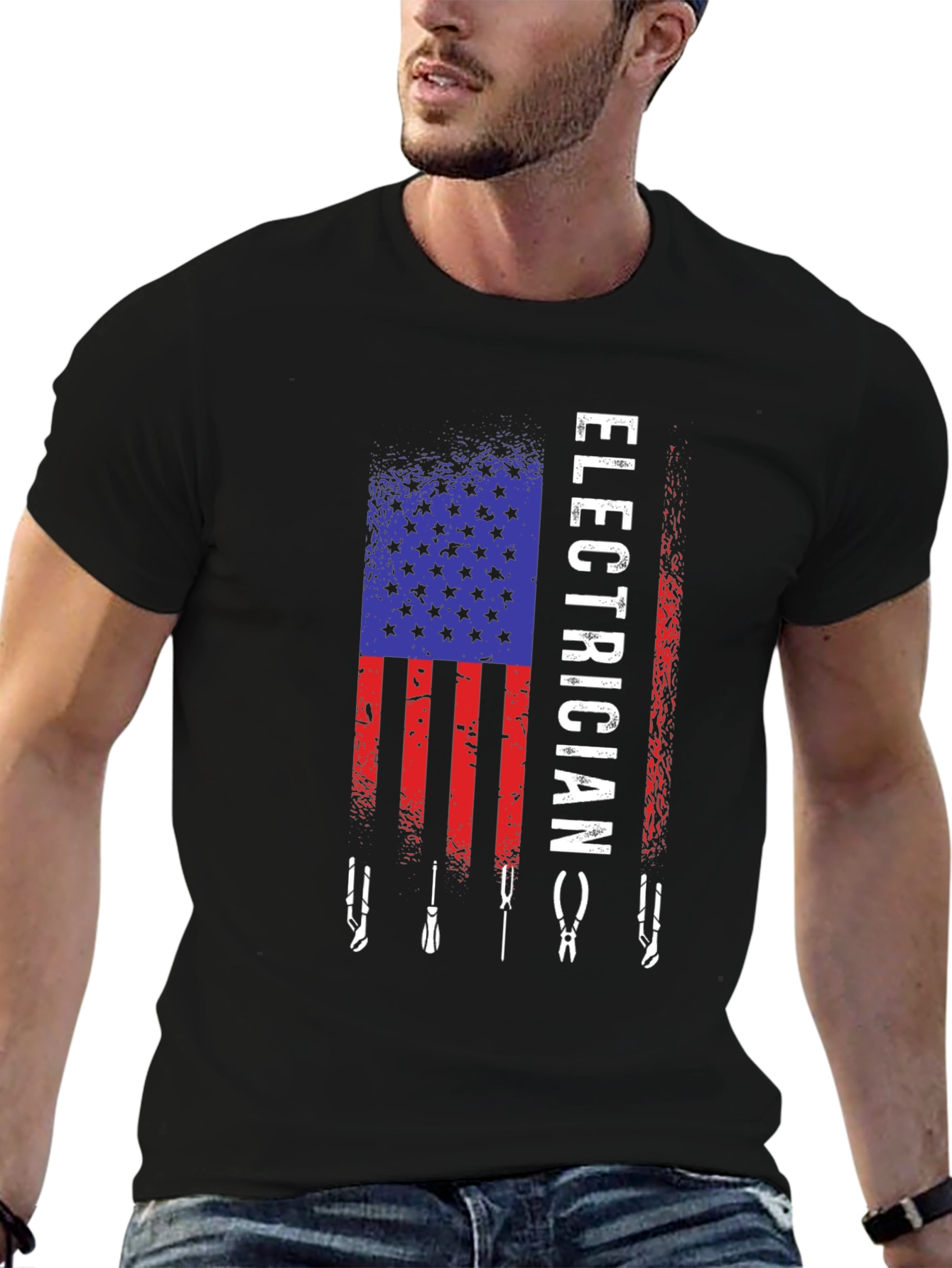 Black Electrician American Flag T-Shirt view 6