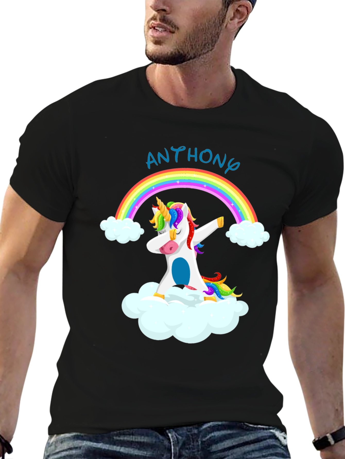 Black Dabbing Unicorn Rainbow T-Shirt - Personalized Name view 6