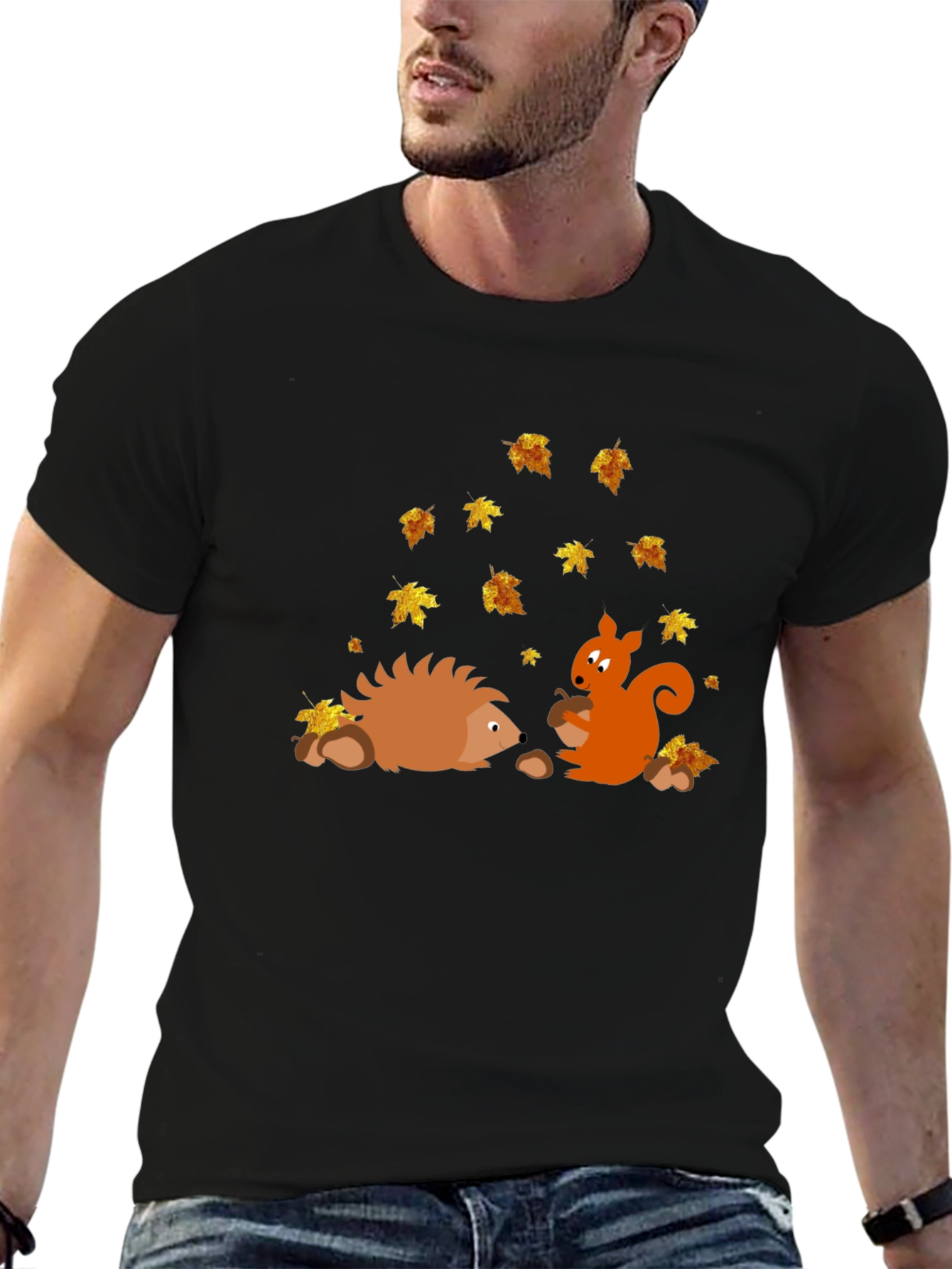 Black Autumn Friends Graphic Tee - Hedgehog & Squirrel view 6