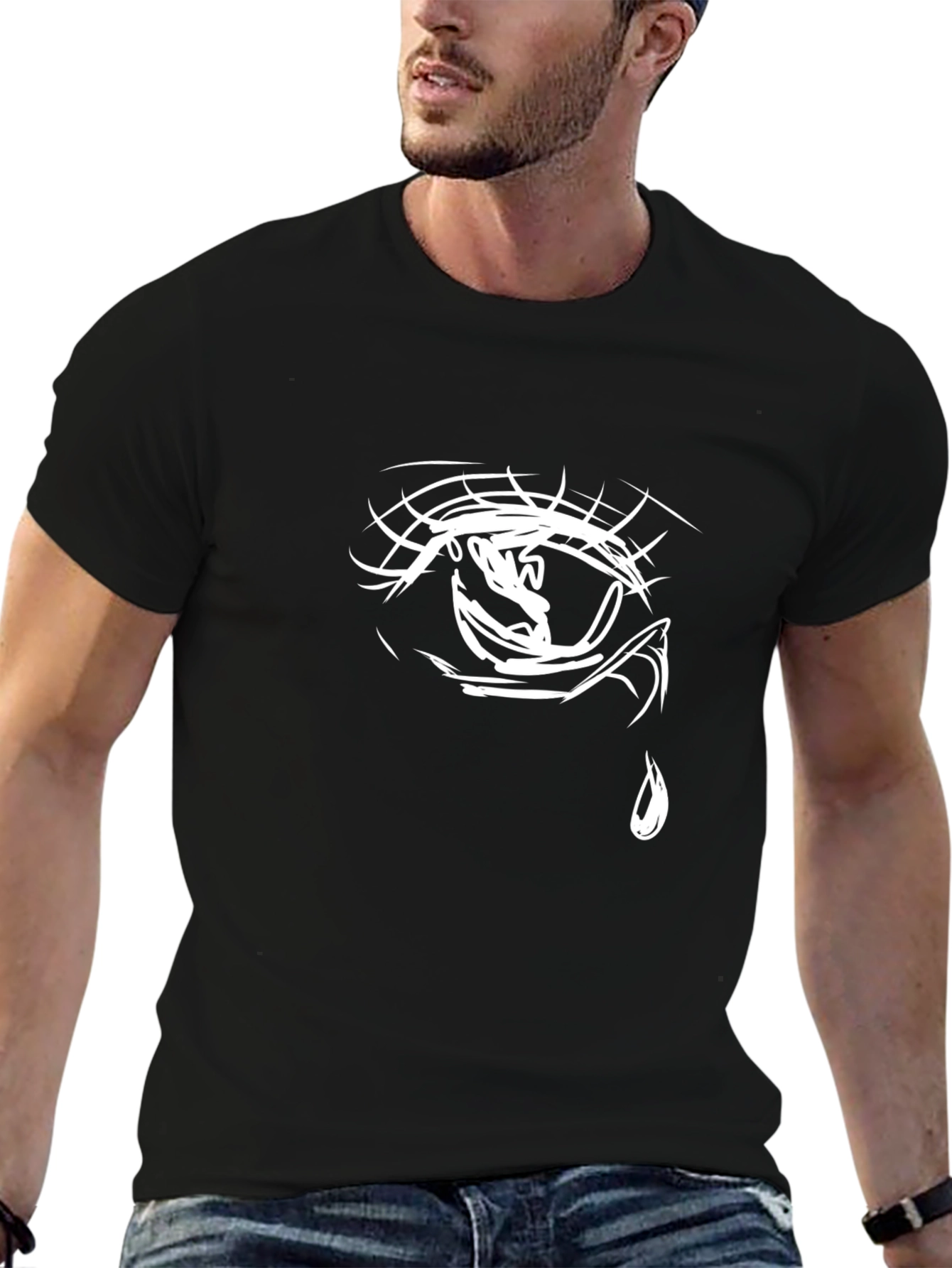 Black Men's Black T-Shirt with Eye Graphic view 6
