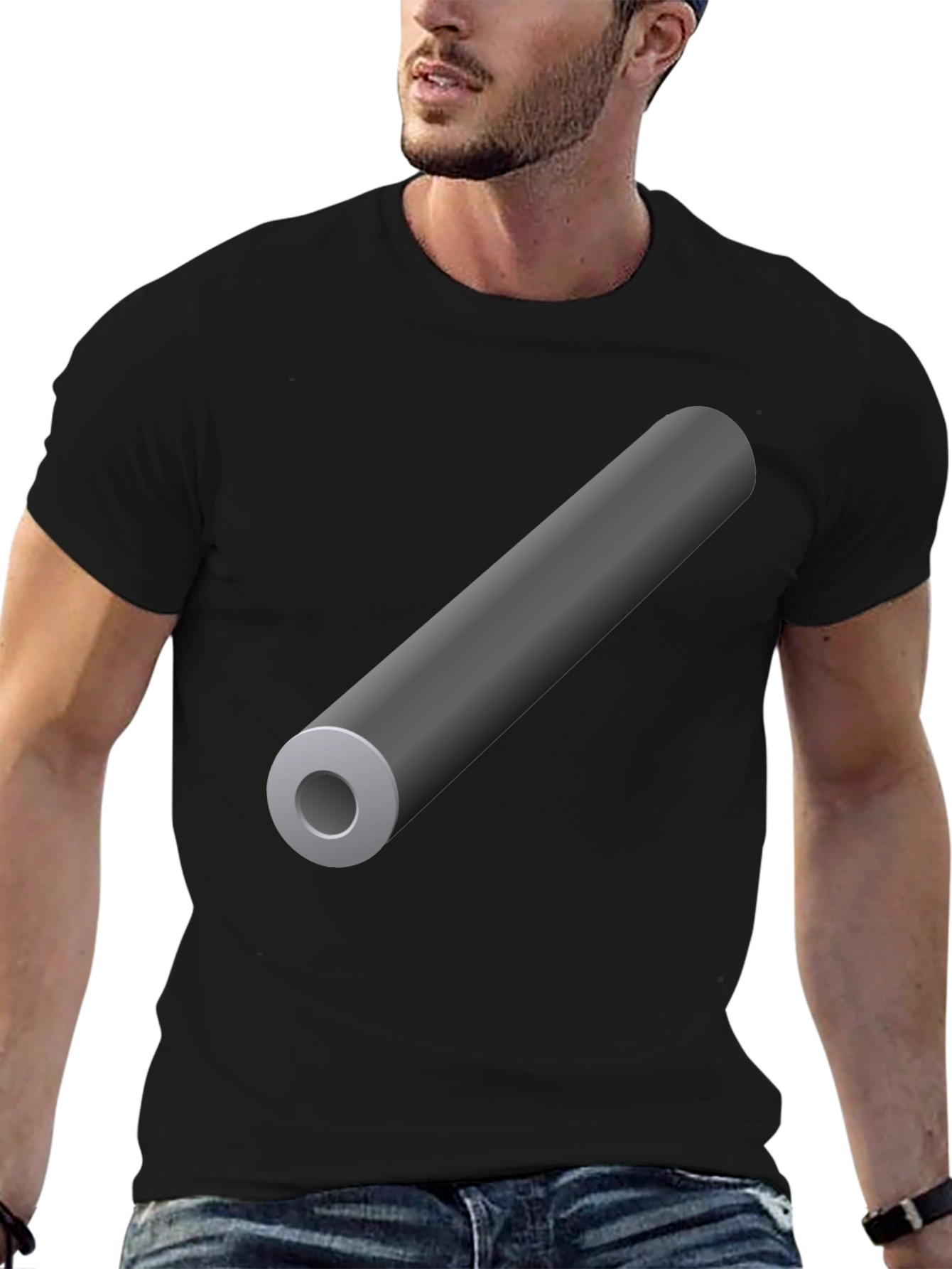 Black Men's Black T-Shirt with Gray Cylinder Graphic view 6