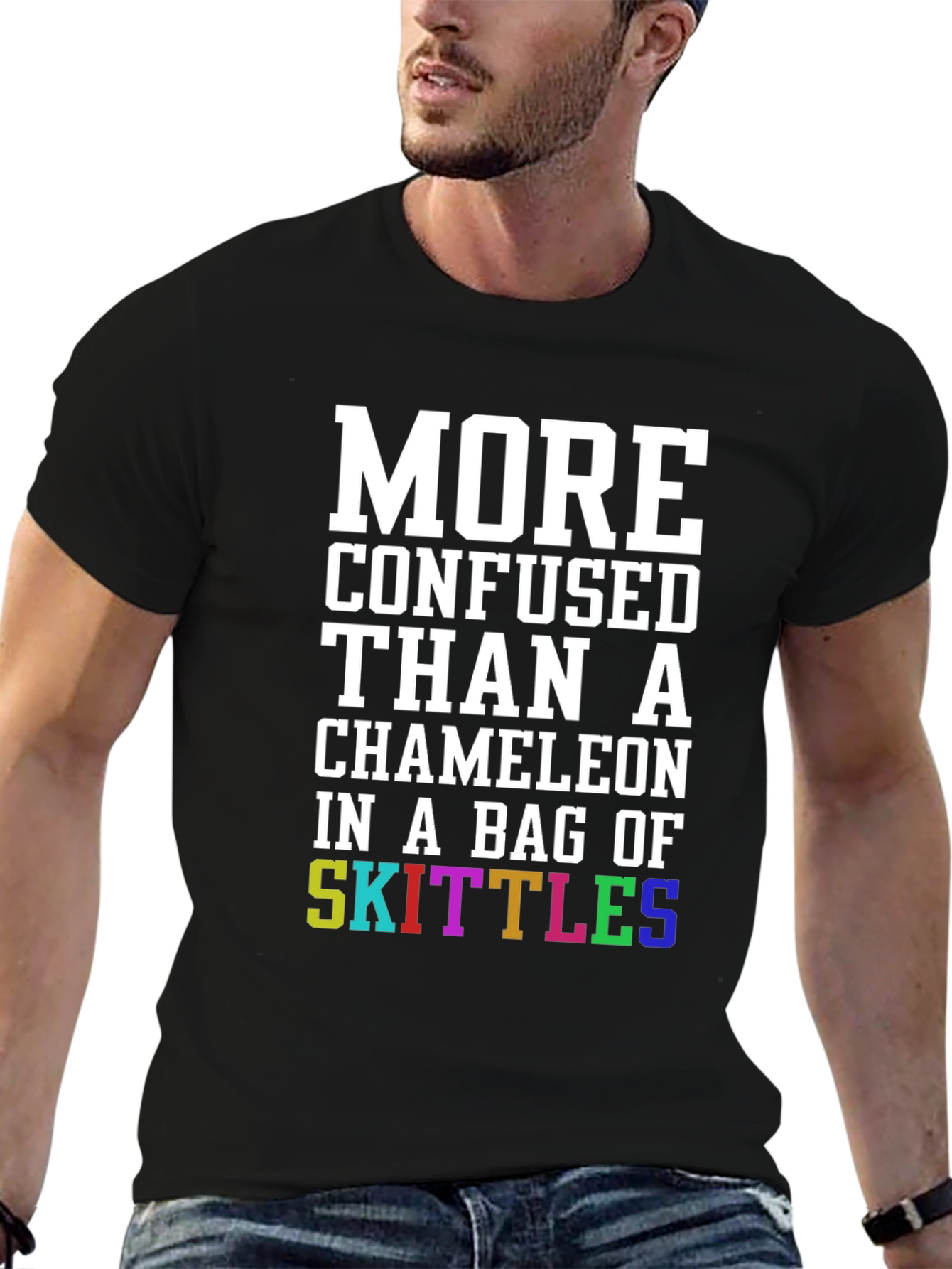 Black Confused Chameleon Skittles T-Shirt - Funny Novelty Tee view 6