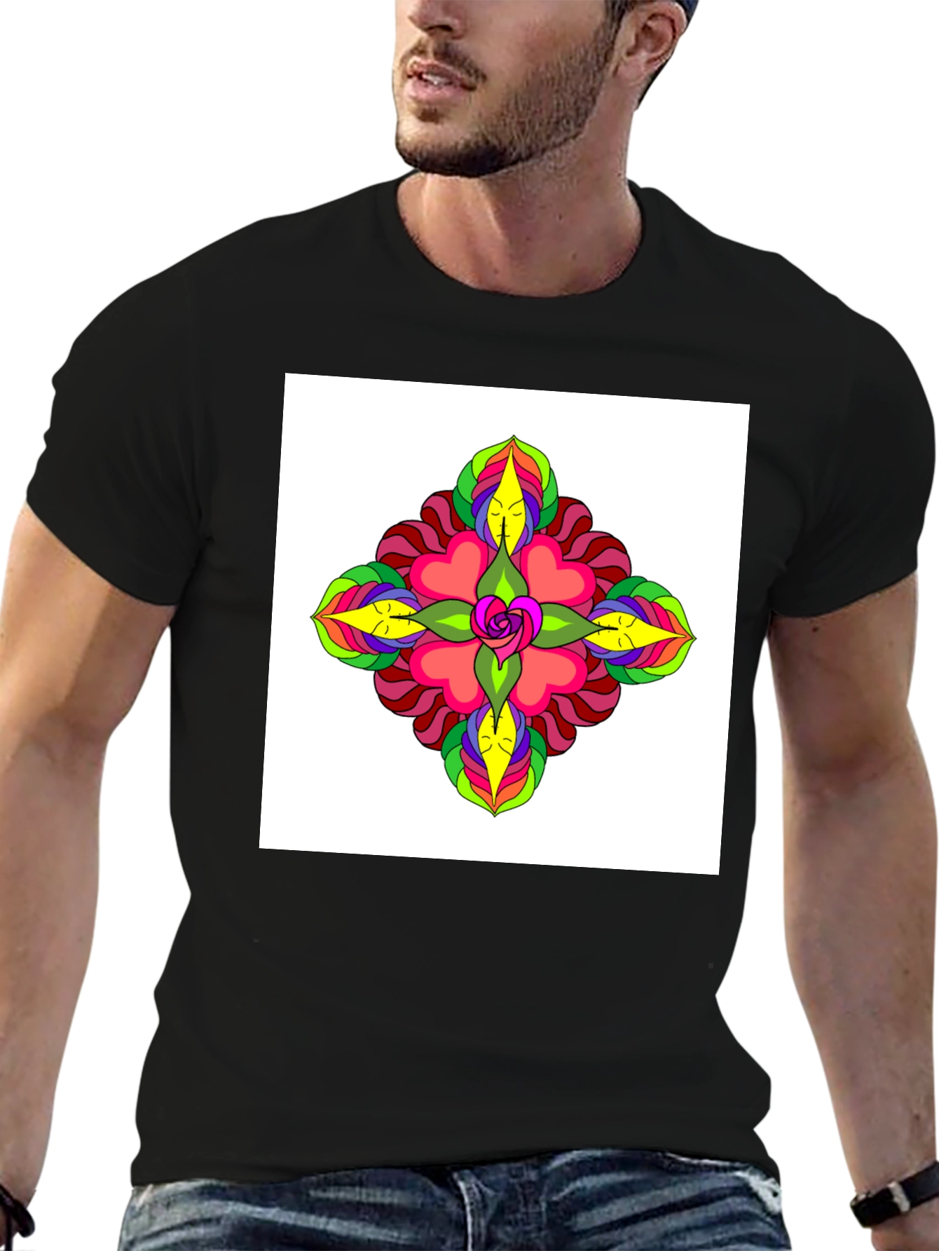 Black Psychedelic Flower Tee - Black Cotton Casual Wear view 6