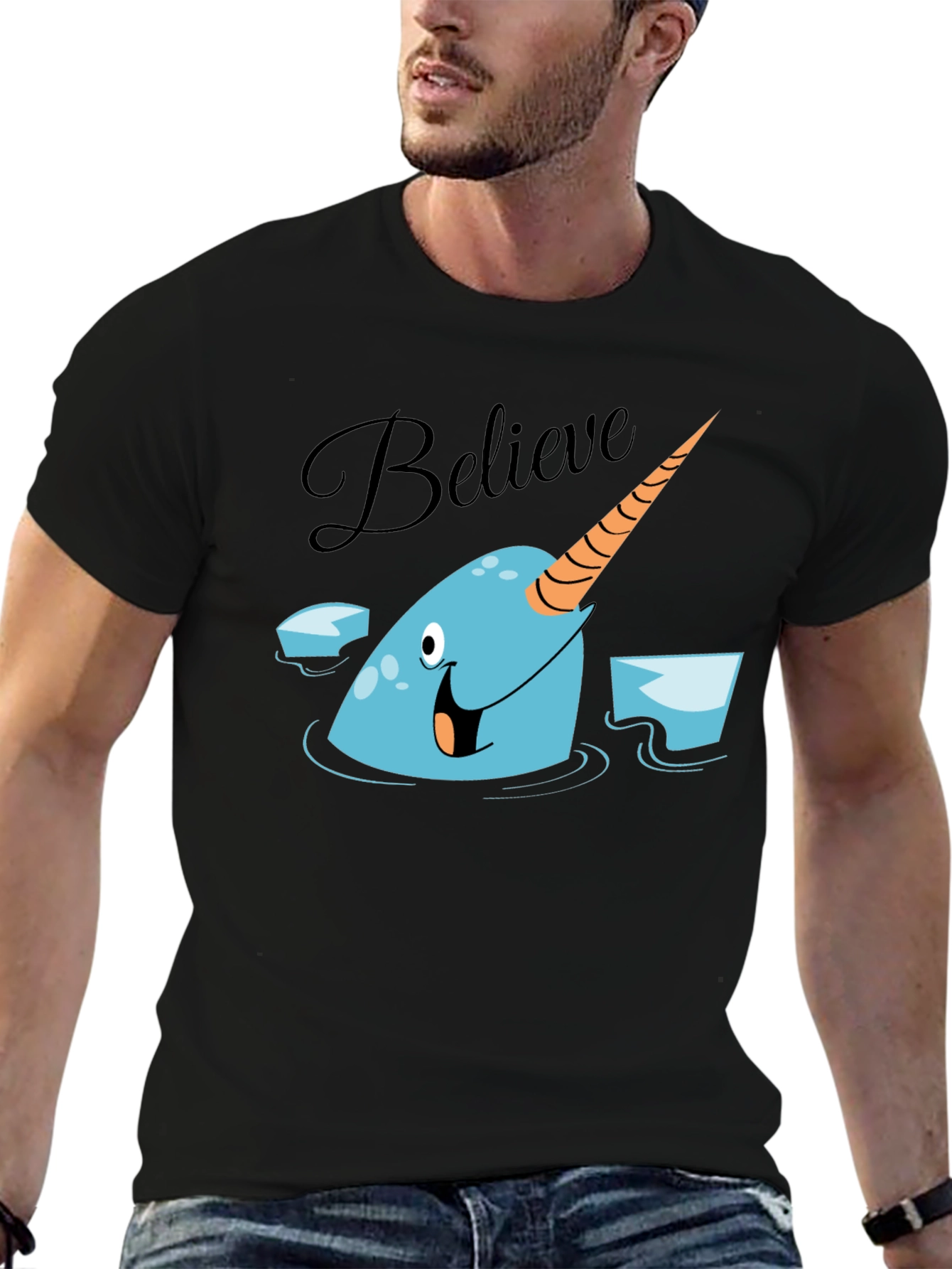 Black Narwhal Believe Graphic Tee - Black Cotton T-Shirt view 6