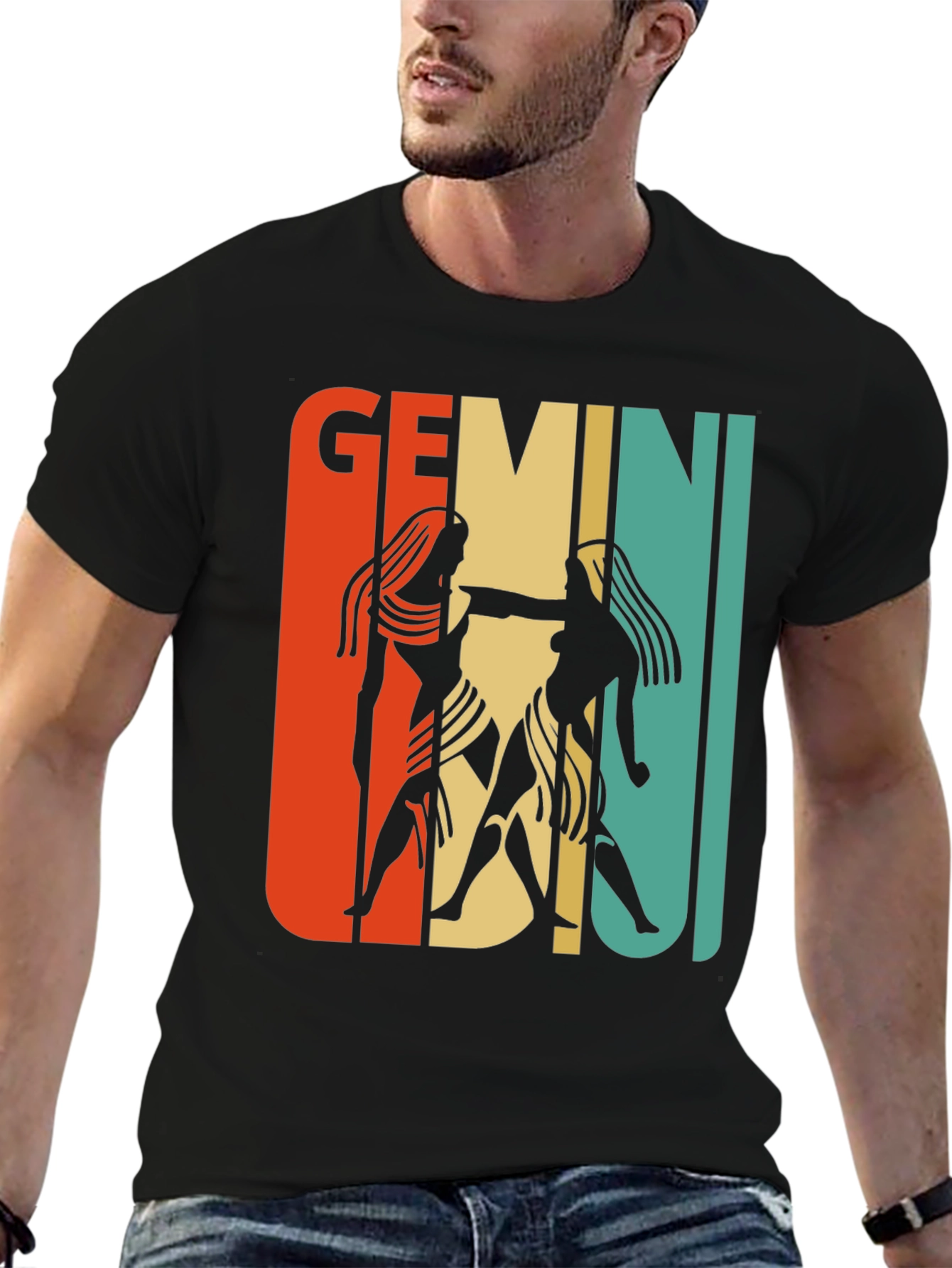 Black Retro Gemini Zodiac Graphic T-Shirt view 6