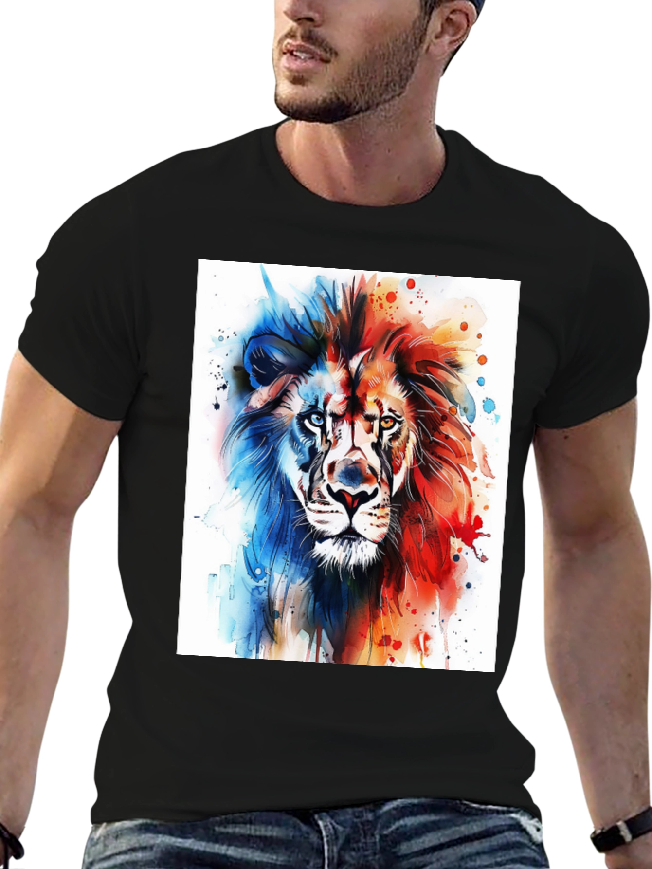 Black Watercolor Lion Graphic Tee - Men's Black T-Shirt view 6