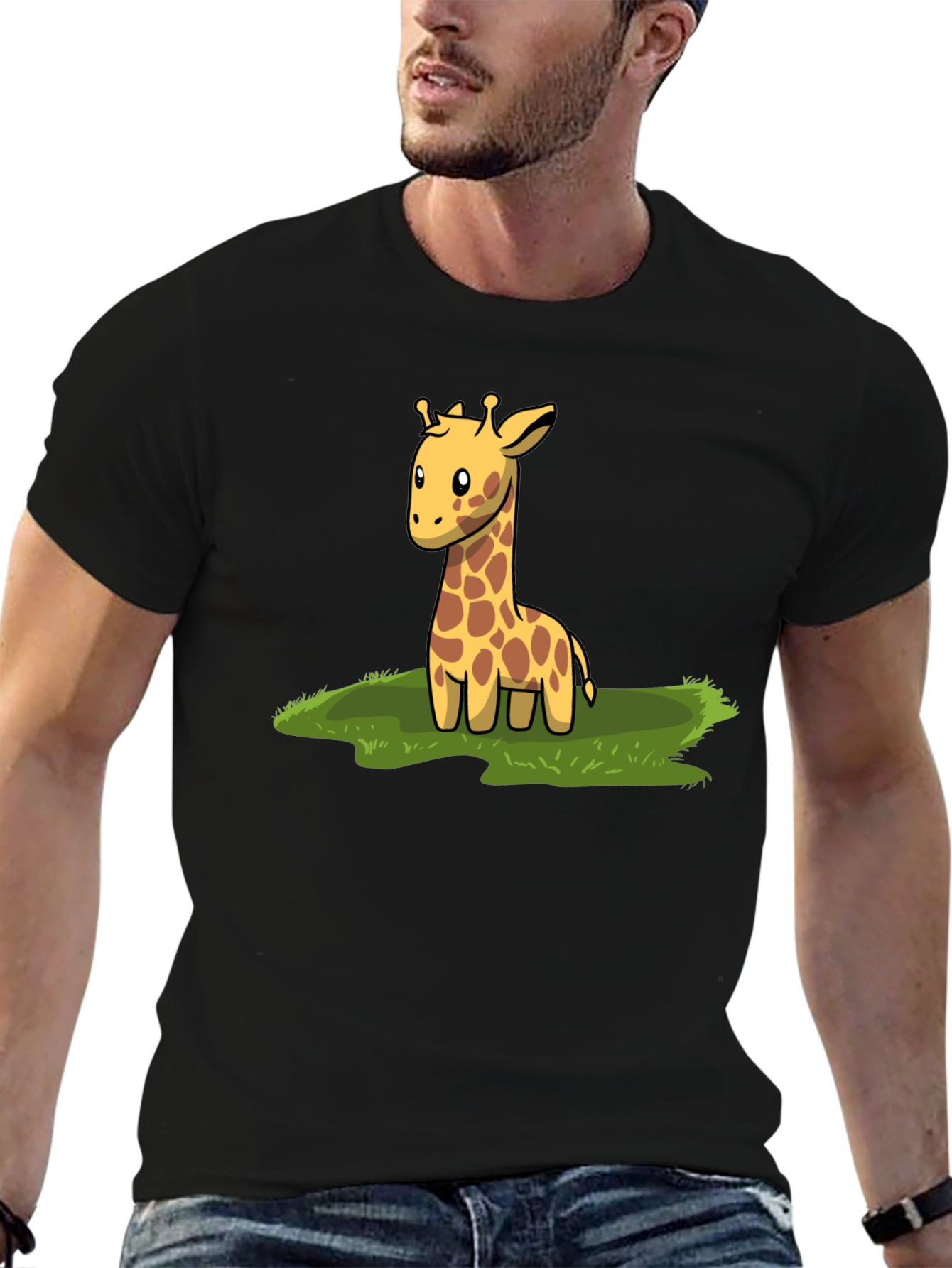 Black Cute Giraffe Graphic Tee - Black Cotton T-Shirt view 6