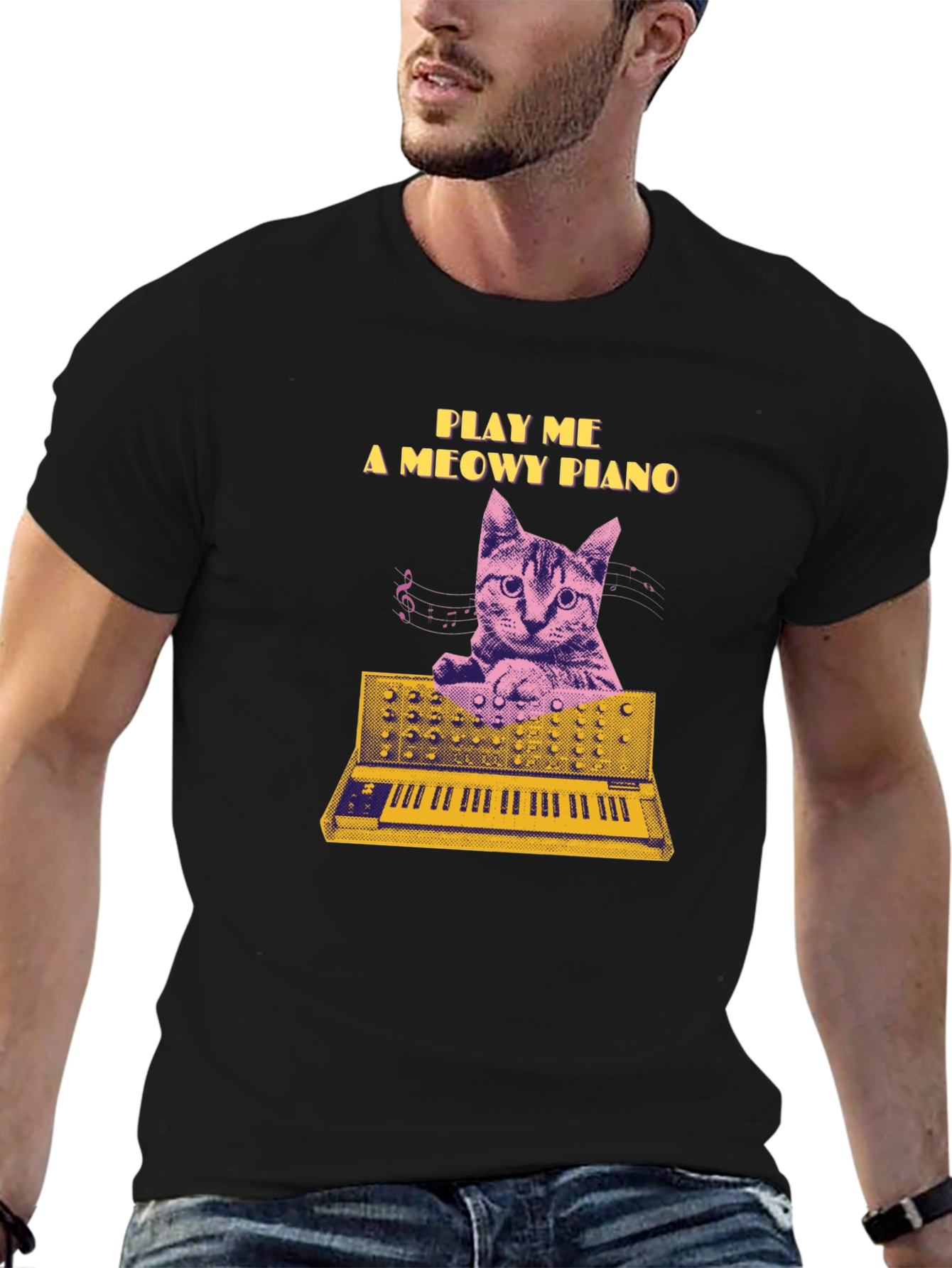 Black Play Me a Meowy Piano Black T-Shirt view 6