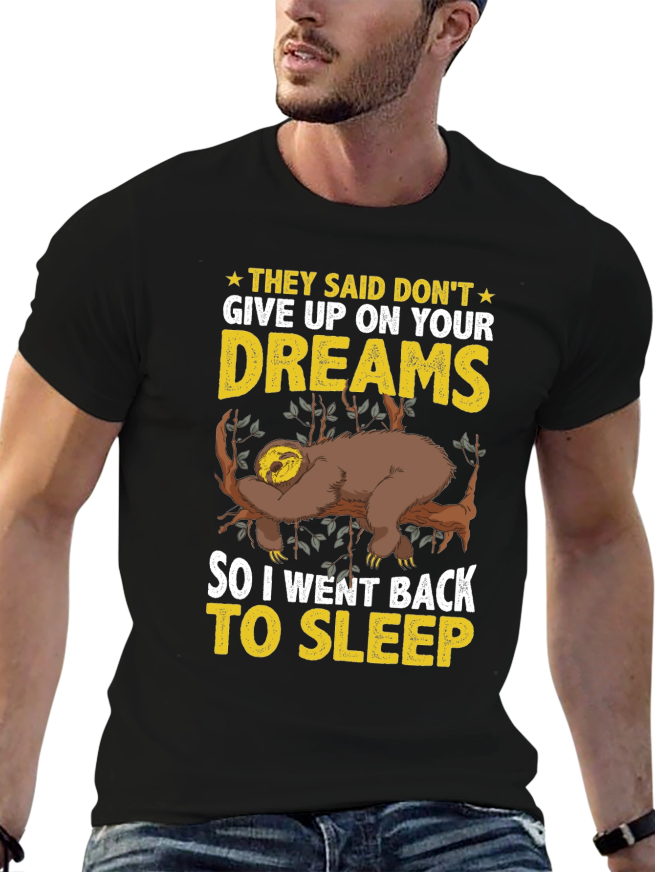 Black Lazy Sloth Dreams T-Shirt - Funny Sleep Tee view 6
